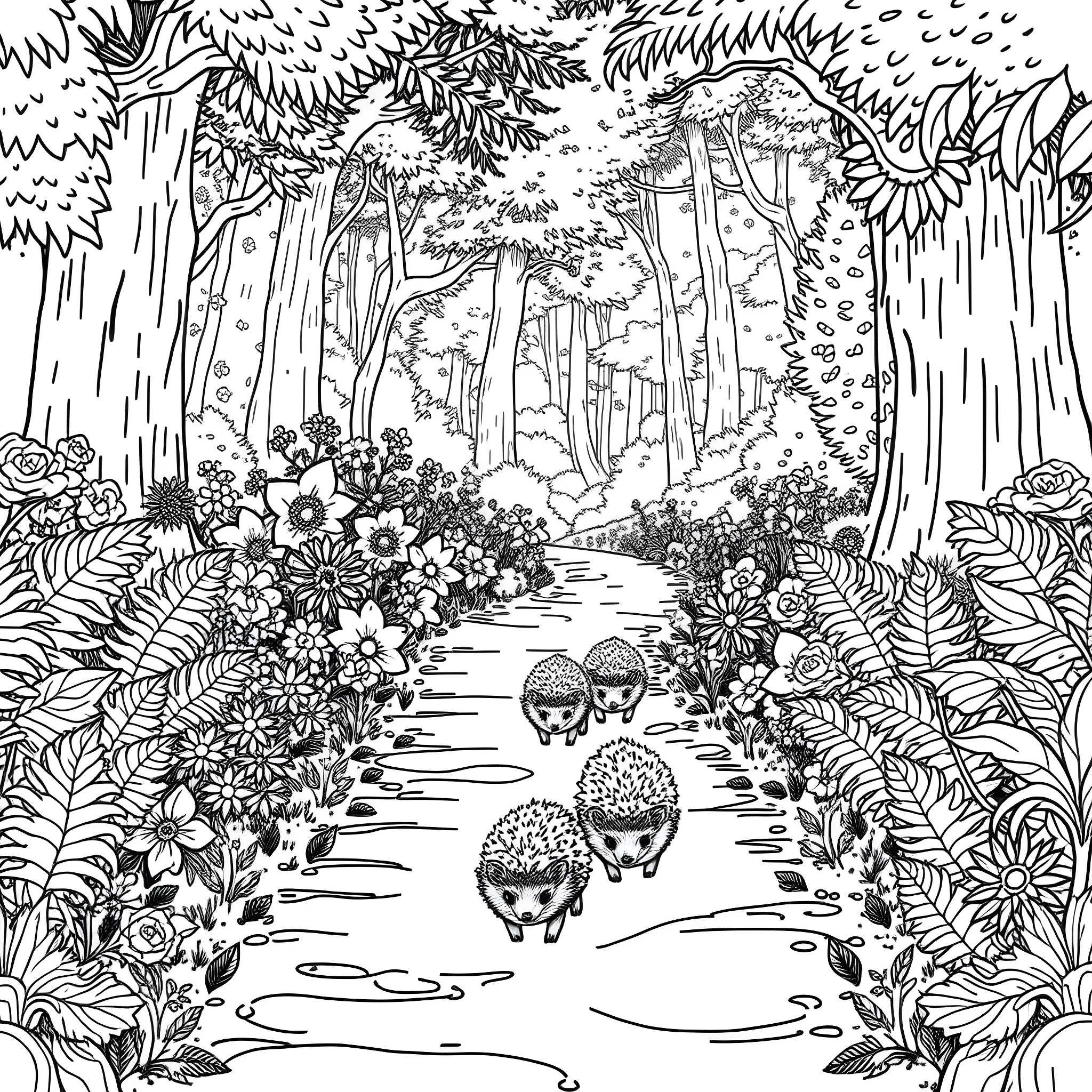 Hedgehogs trekking through whimsical forest landscape Coloring Page (free black-and-white line drawing printable PDF for all, from beginners to advanced learners, including children, teens, adults, and seniors)