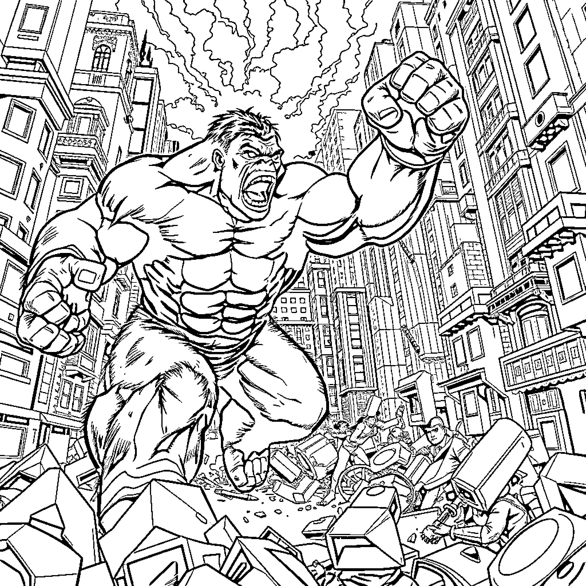 Hulk unleashing destruction in the city Coloring Page (free black-and-white line drawing printable PDF for all, from beginners to advanced learners, including children, teens, adults, and seniors)