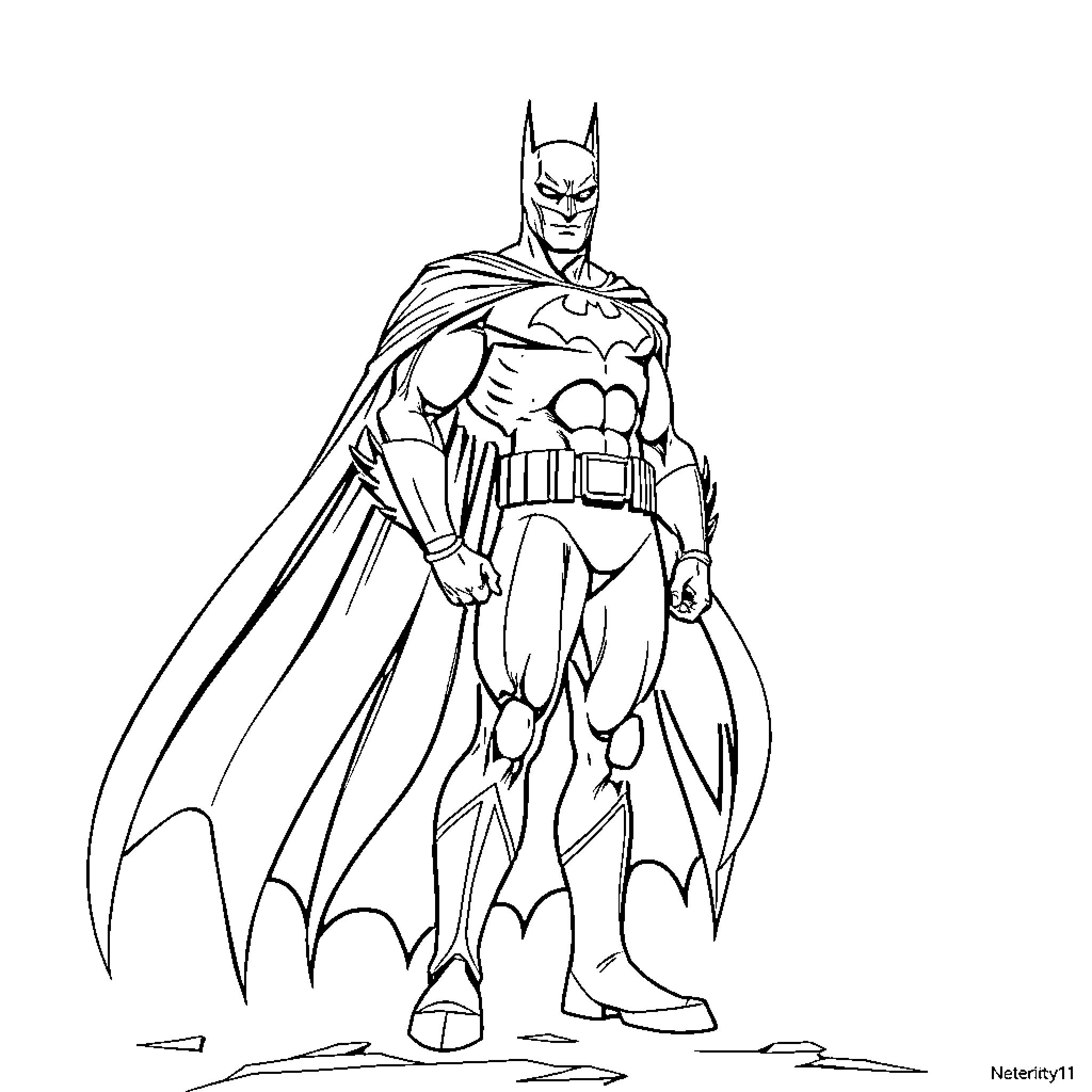 Batman ready for action in classic costume Coloring Page (free black-and-white line drawing printable PDF for all, from beginners to advanced learners, including children, teens, adults, and seniors)