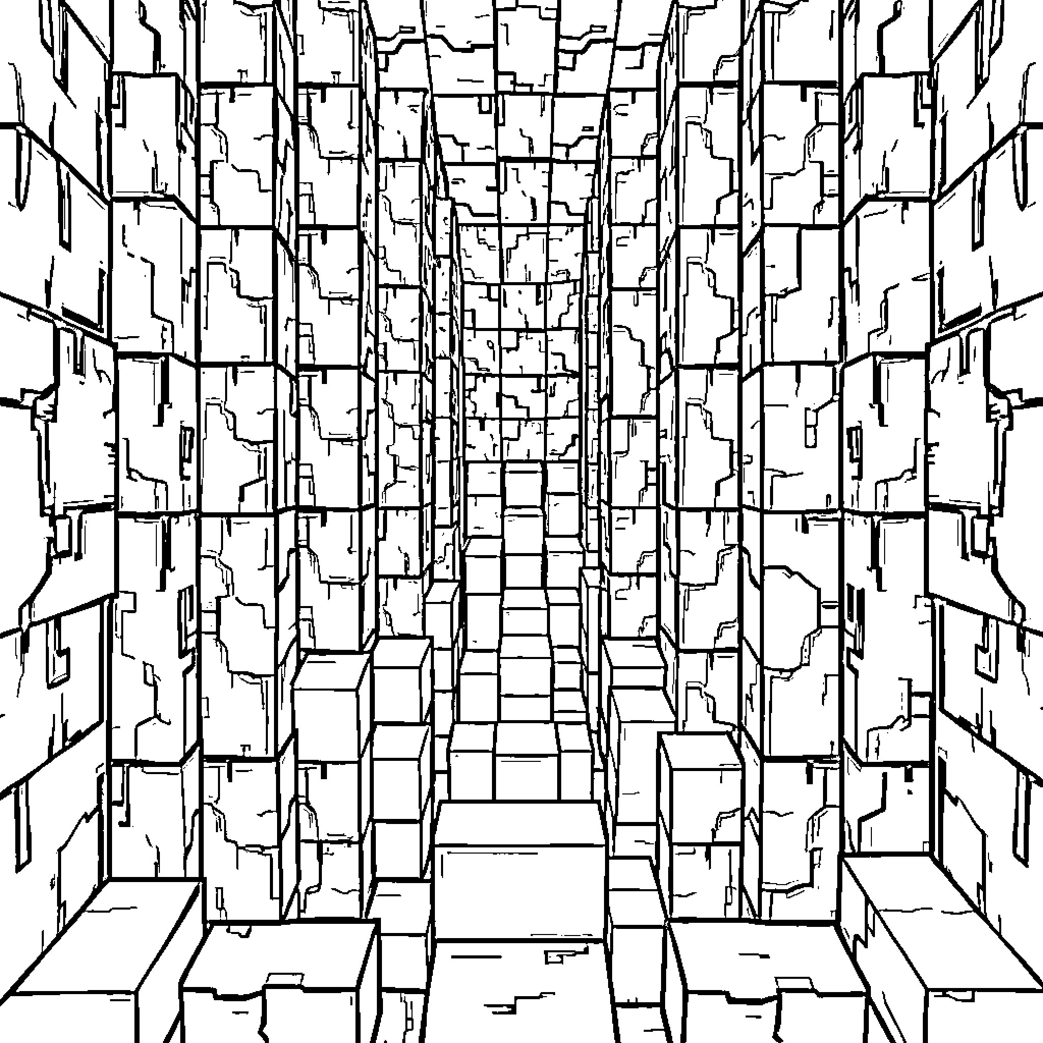 Minecraft abstract city construction Coloring Page (free black-and-white line drawing printable PDF for all, from beginners to advanced learners, including children, teens, adults, and seniors)