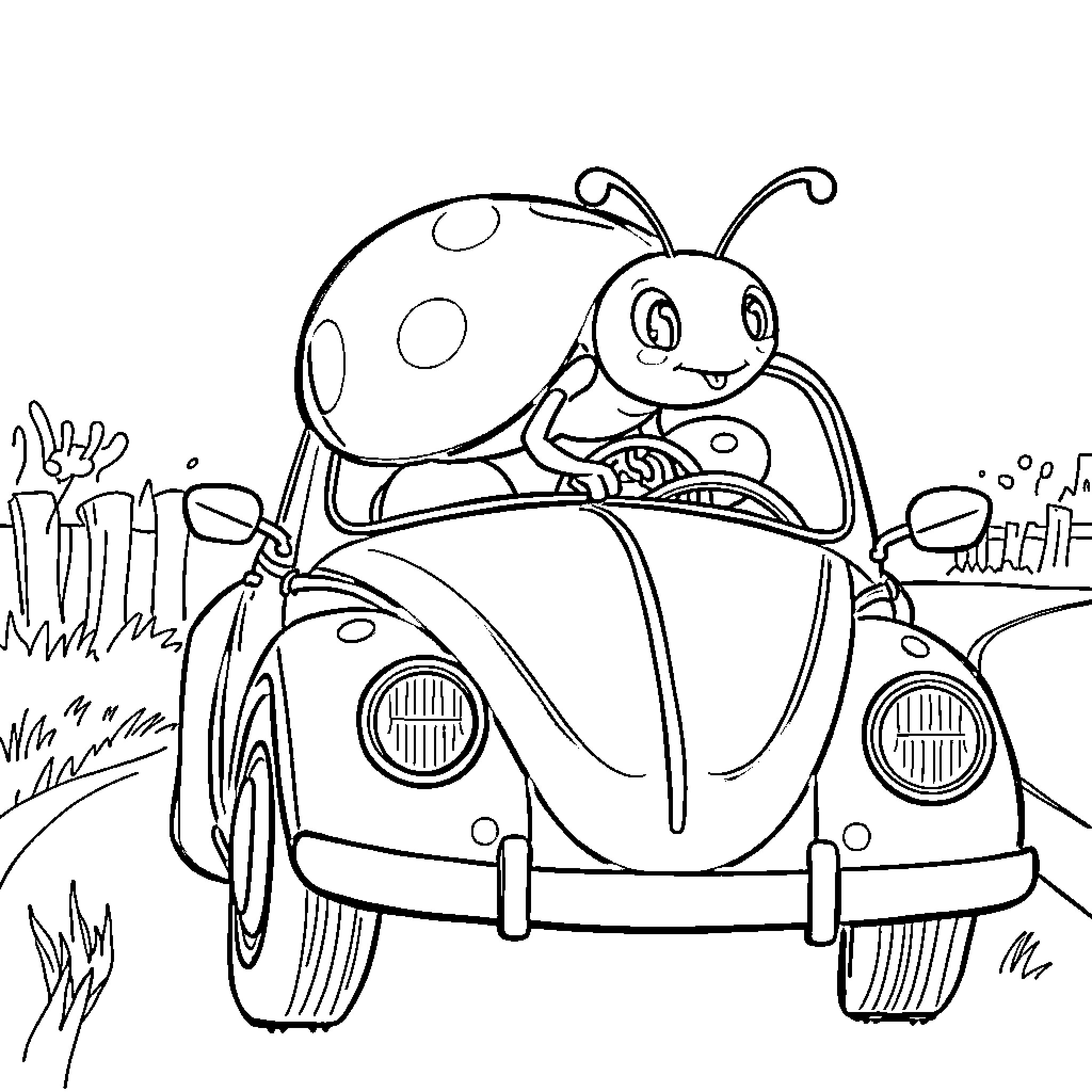 Ladybug driving a vintage car happily Coloring Page (free black-and-white line drawing printable PDF for all, from beginners to advanced learners, including children, teens, adults, and seniors)