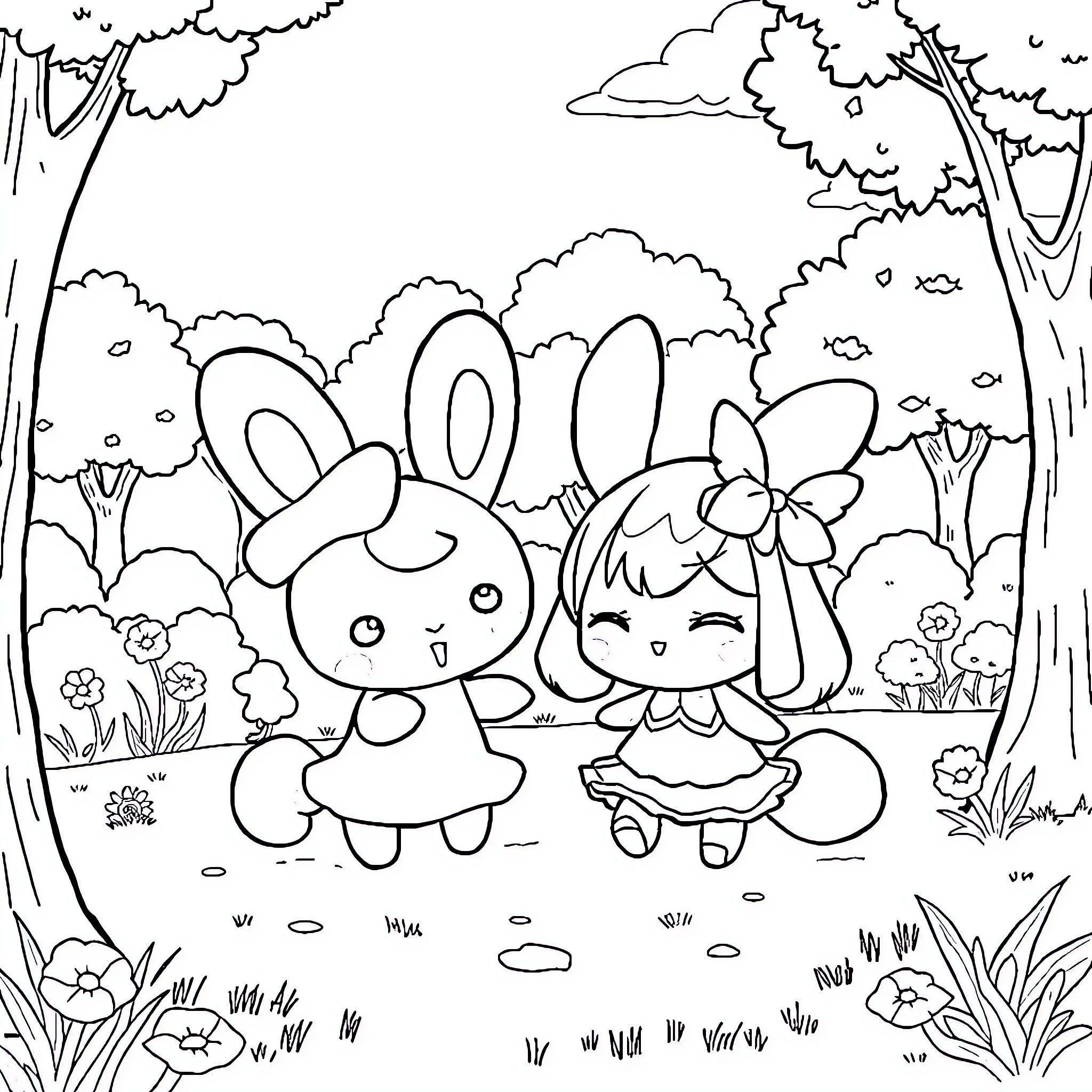 Cinnamoroll and friends enjoy a day in the forest Coloring Page (free black-and-white line drawing printable PDF for all, from beginners to advanced learners, including children, teens, adults, and seniors)
