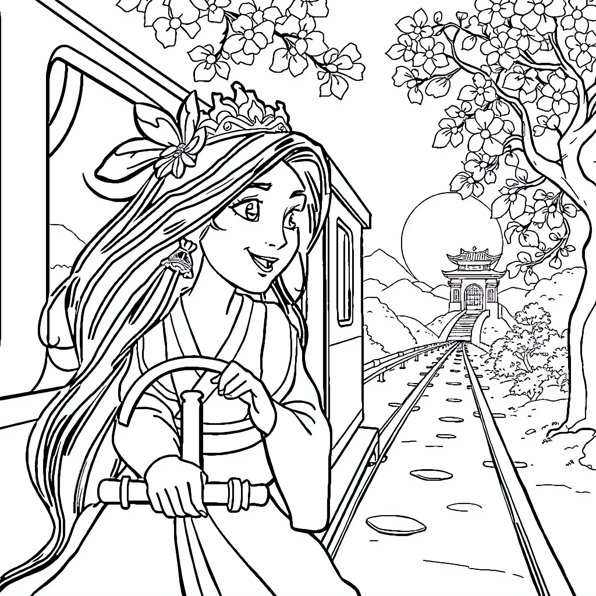 Mulan's Adventure in the Scenic Landscape Coloring Page (free black-and-white line drawing printable PDF for all, from beginners to advanced learners, including children, teens, adults, and seniors)