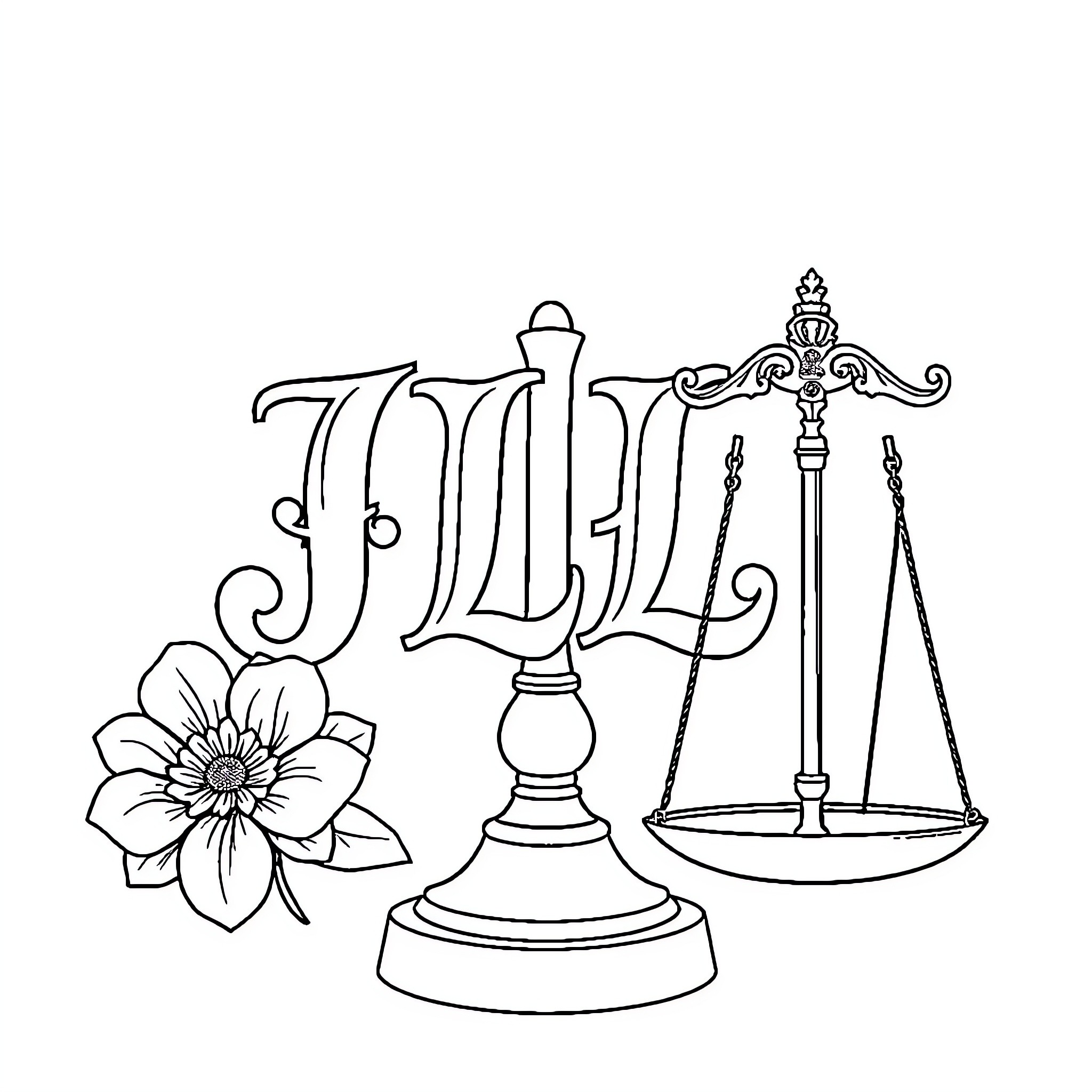 JLL Ornamental Scales of Justice with Flower Coloring Page (free black-and-white line drawing printable PDF for all, from beginners to advanced learners, including children, teens, adults, and seniors)