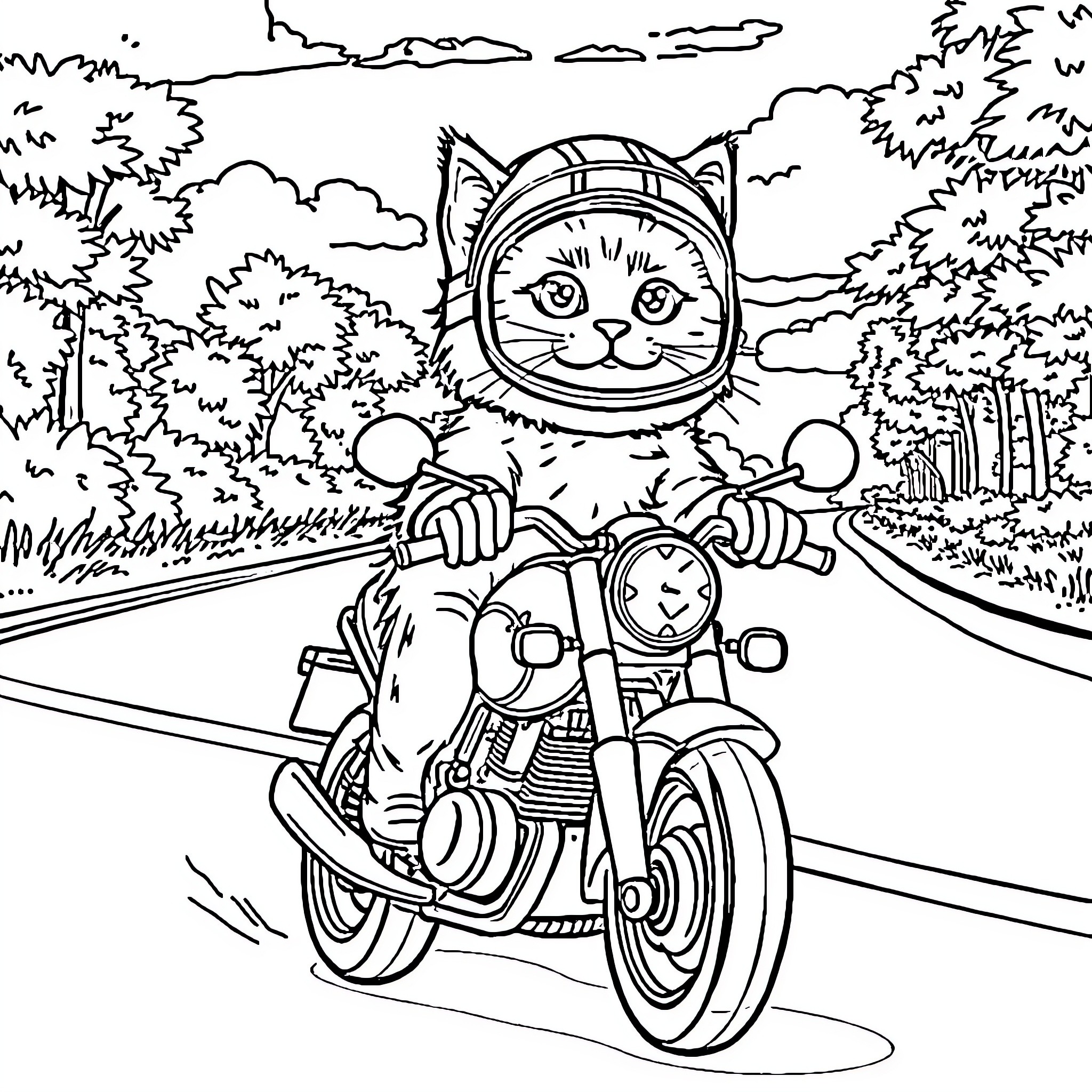 Cat riding motorcycle through the countryside Coloring Page (free black-and-white line drawing printable PDF for all, from beginners to advanced learners, including children, teens, adults, and seniors)
