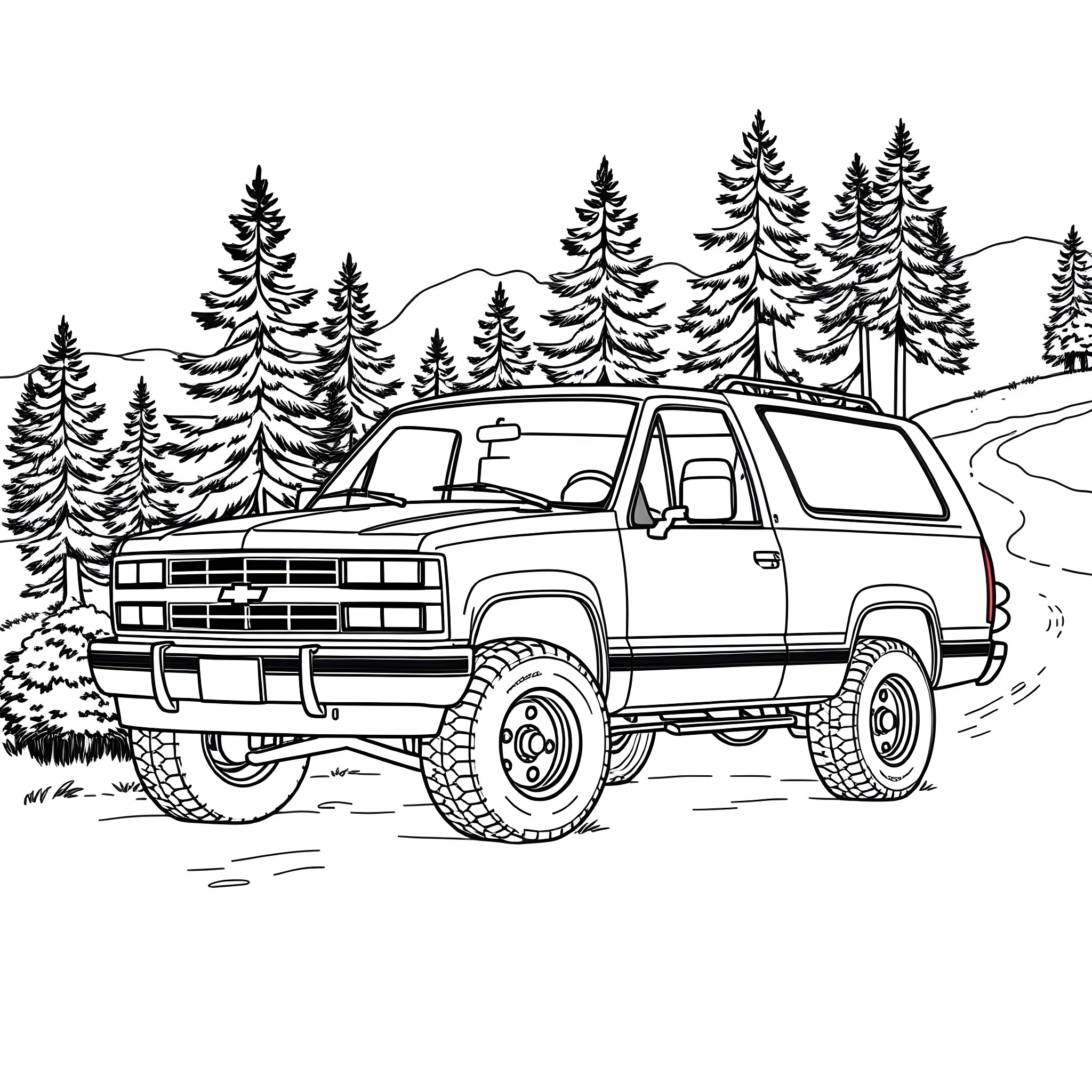 Chevy Blazer off-roading in the snowy forest Coloring Page (free black-and-white line drawing printable PDF for all, from beginners to advanced learners, including children, teens, adults, and seniors)