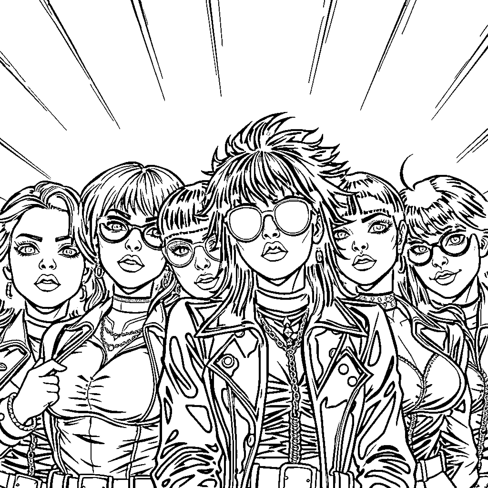 K Pop Warrior Idols Performing on Stage Coloring Page (free black-and-white line drawing printable PDF for all, from beginners to advanced learners, including children, teens, adults, and seniors)
