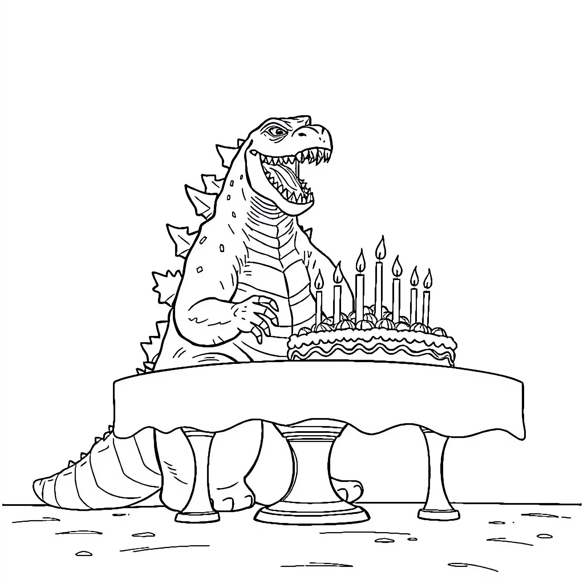 Godzilla Celebrates Birthday with Cake and Candles Coloring Page (free black-and-white line drawing printable PDF for all, from beginners to advanced learners, including children, teens, adults, and seniors)