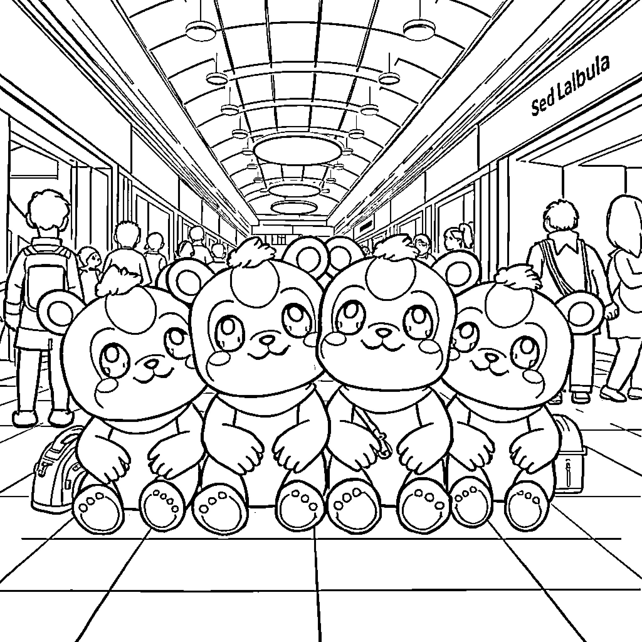 Labubu's crowd of adorable characters on a train Coloring Page (free black-and-white line drawing printable PDF for all, from beginners to advanced learners, including children, teens, adults, and seniors)