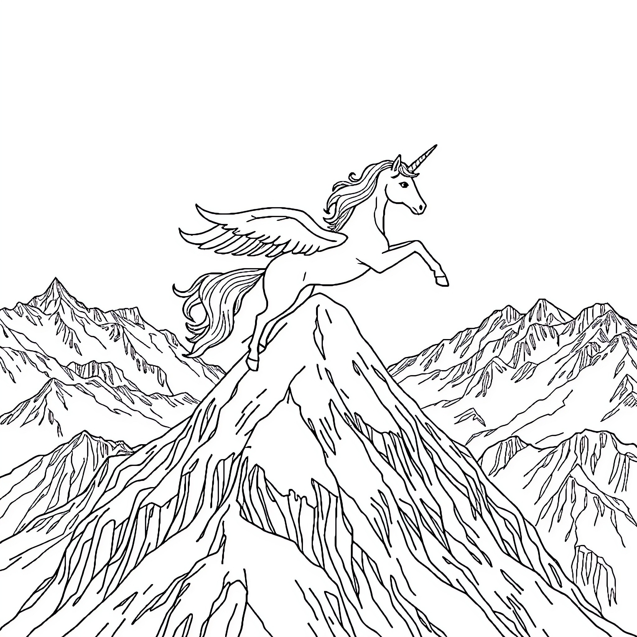 Unicorn soaring over majestic mountain landscape Coloring Page (free black-and-white line drawing printable PDF for all, from beginners to advanced learners, including children, teens, adults, and seniors)