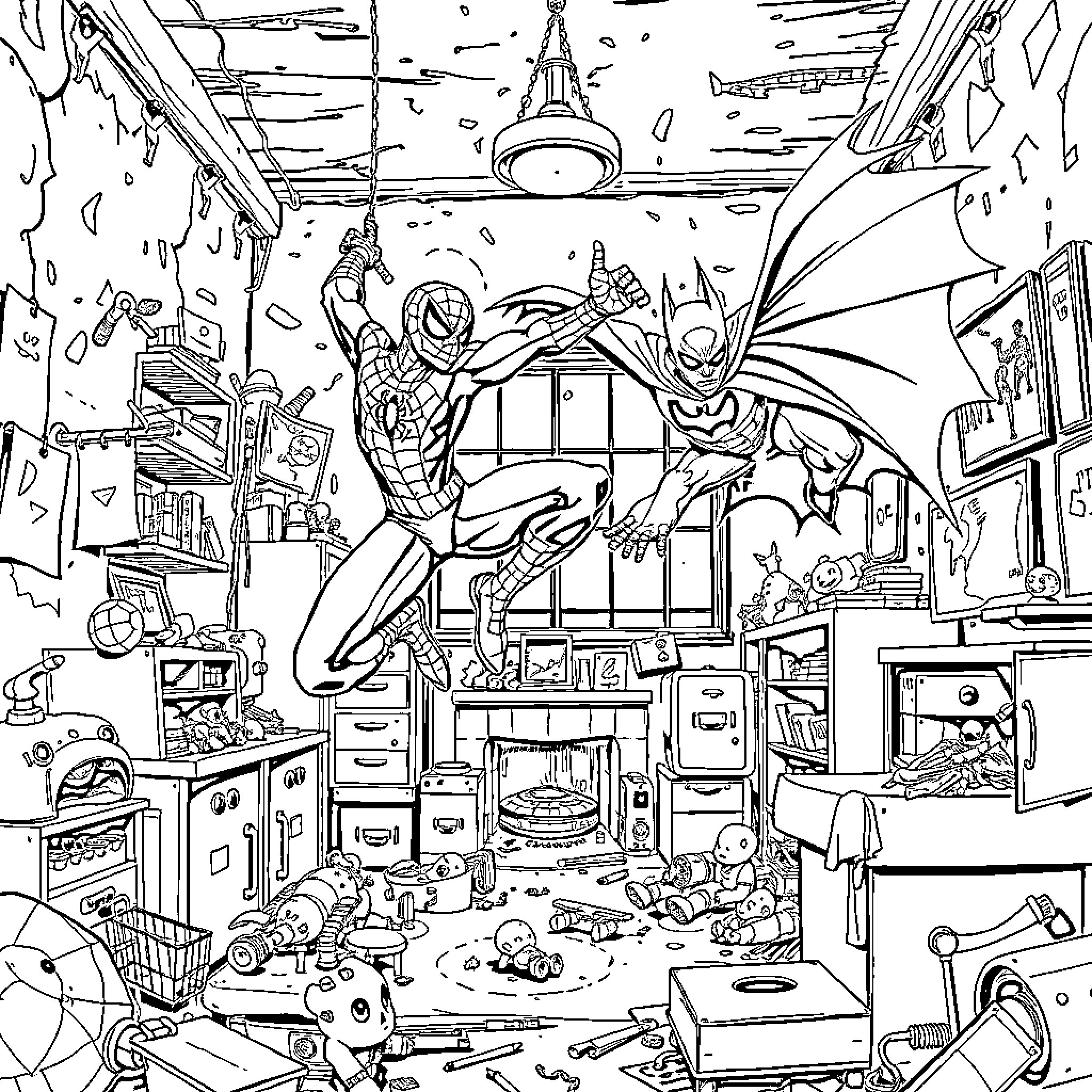Spiderman battles villains in cluttered superhero lair Coloring Page (free black-and-white line drawing printable PDF for all, from beginners to advanced learners, including children, teens, adults, and seniors)