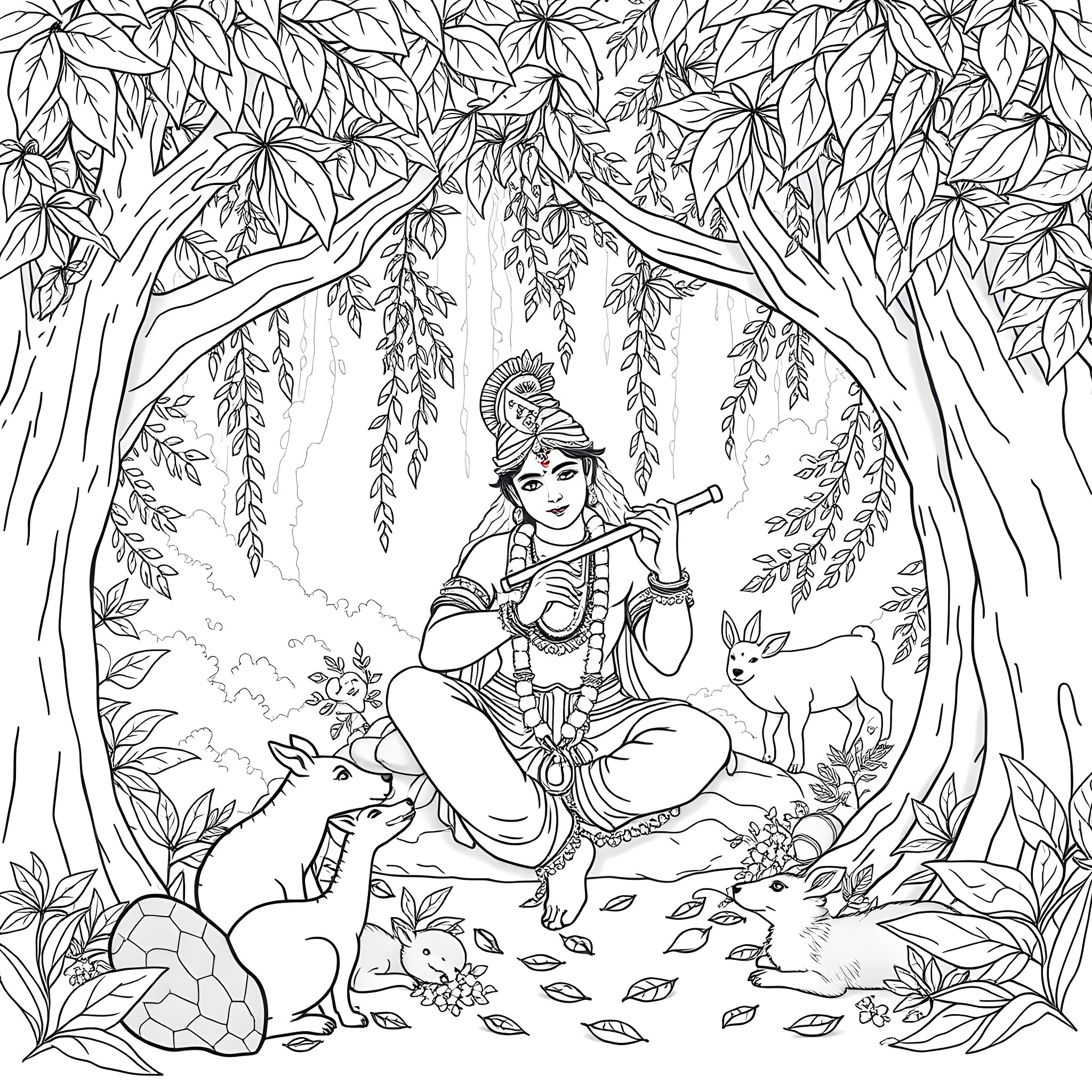 Krishna playing flute amidst woodland creatures Coloring Page (free black-and-white line drawing printable PDF for all, from beginners to advanced learners, including children, teens, adults, and seniors)