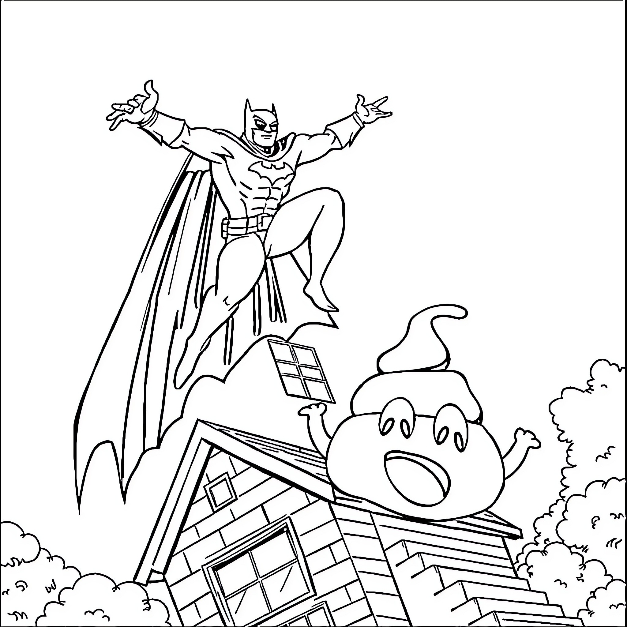 Batman swooping down to save the day Coloring Page (free black-and-white line drawing printable PDF for all, from beginners to advanced learners, including children, teens, adults, and seniors)