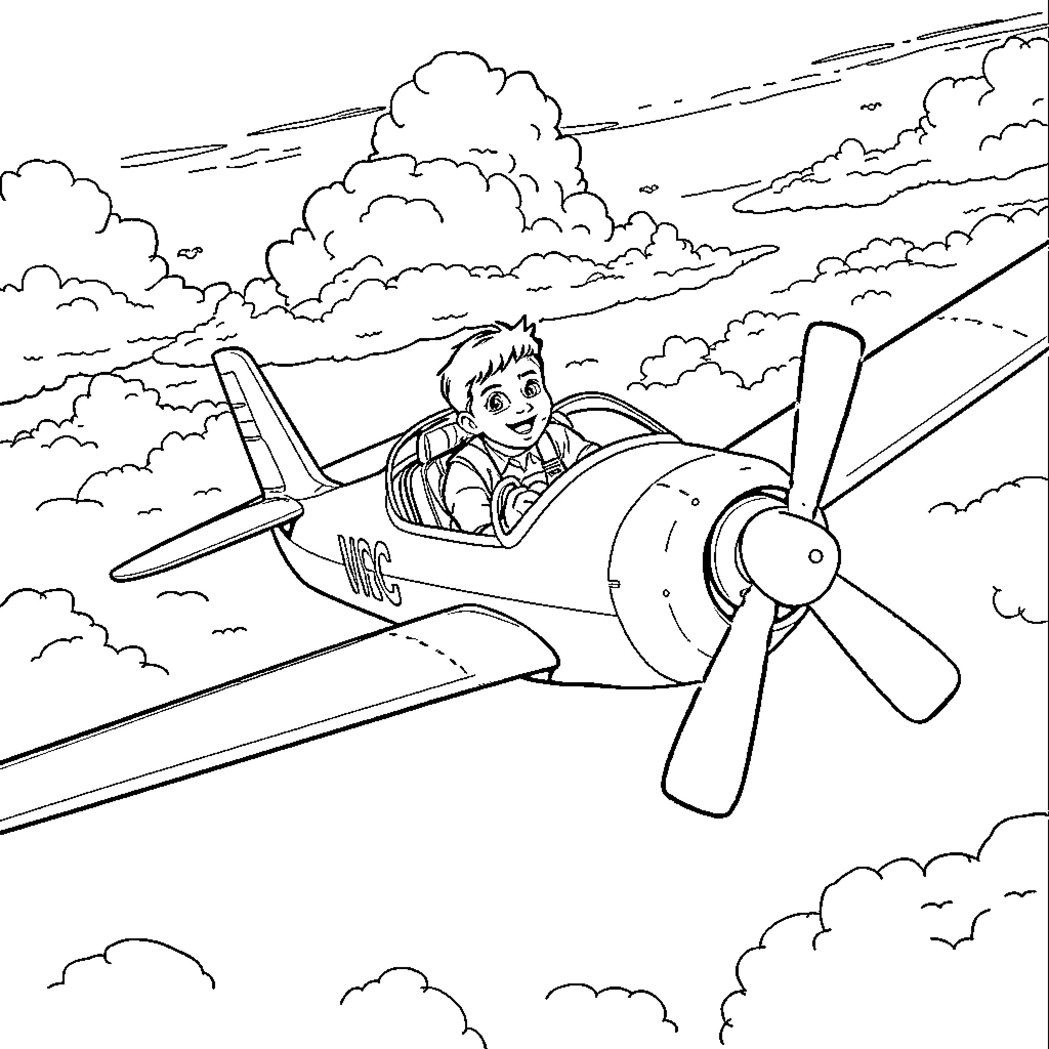Grumman Duck pilots plane through cloudy sky Coloring Page (free black-and-white line drawing printable PDF for all, from beginners to advanced learners, including children, teens, adults, and seniors)