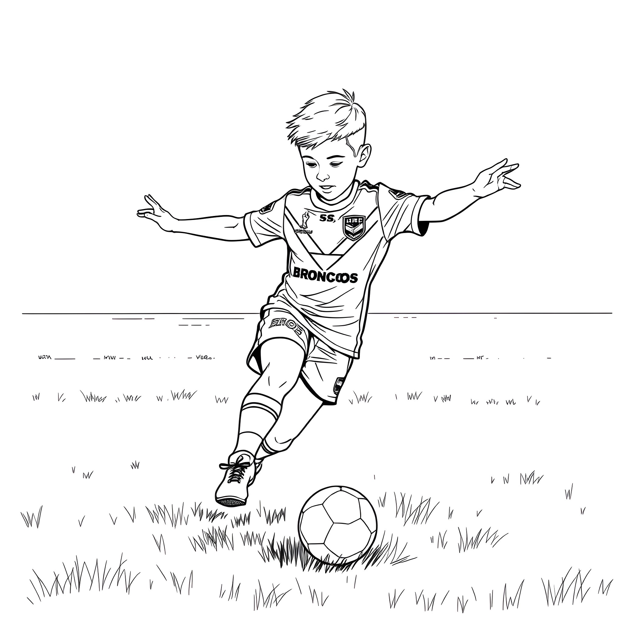 Boy playing soccer joyfully on the field Coloring Page (free black-and-white line drawing printable PDF for all, from beginners to advanced learners, including children, teens, adults, and seniors)