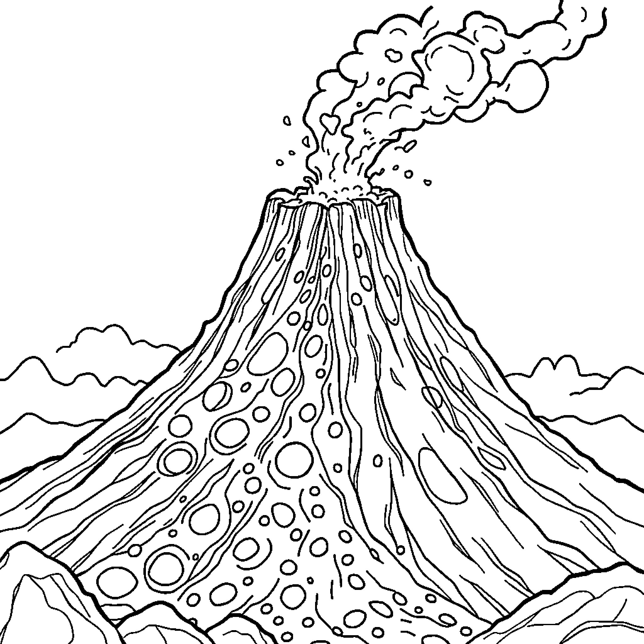 Volcano erupting with dramatic smoke and steam Coloring Page (free black-and-white line drawing printable PDF for all, from beginners to advanced learners, including children, teens, adults, and seniors)