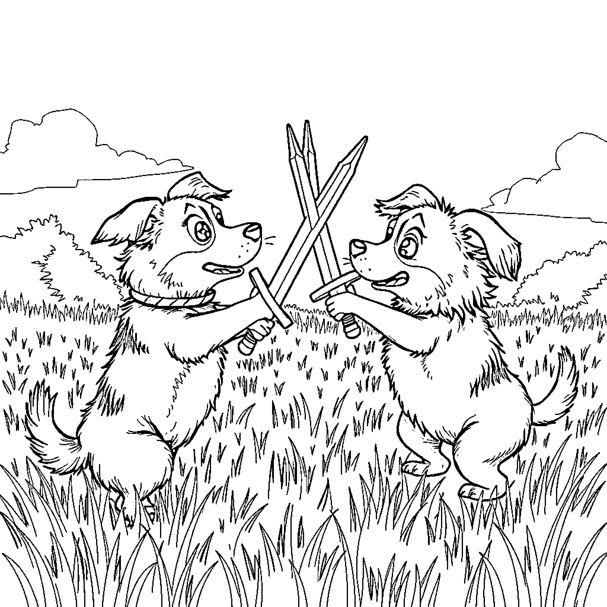 Dog playing swords in a grassy field Coloring Page (free black-and-white line drawing printable PDF for all, from beginners to advanced learners, including children, teens, adults, and seniors)