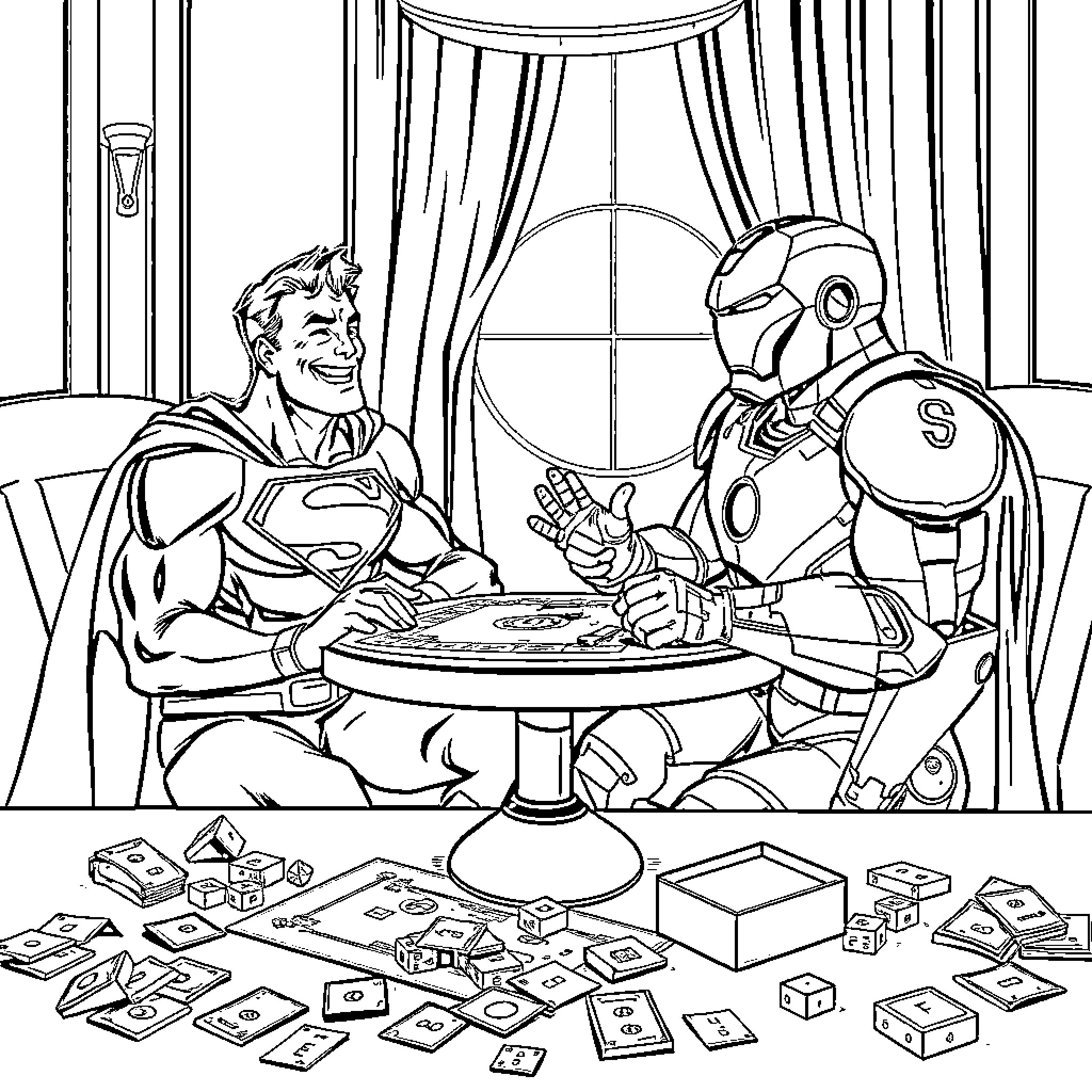 Superhero and Robot Friends Playing Board Games Coloring Page (free black-and-white line drawing printable PDF for all, from beginners to advanced learners, including children, teens, adults, and seniors)
