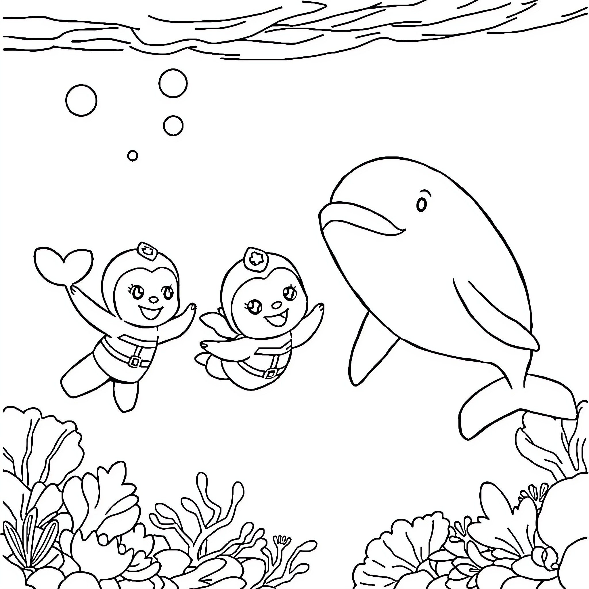 Octonauts exploring the underwater world Coloring Page (free black-and-white line drawing printable PDF for all, from beginners to advanced learners, including children, teens, adults, and seniors)