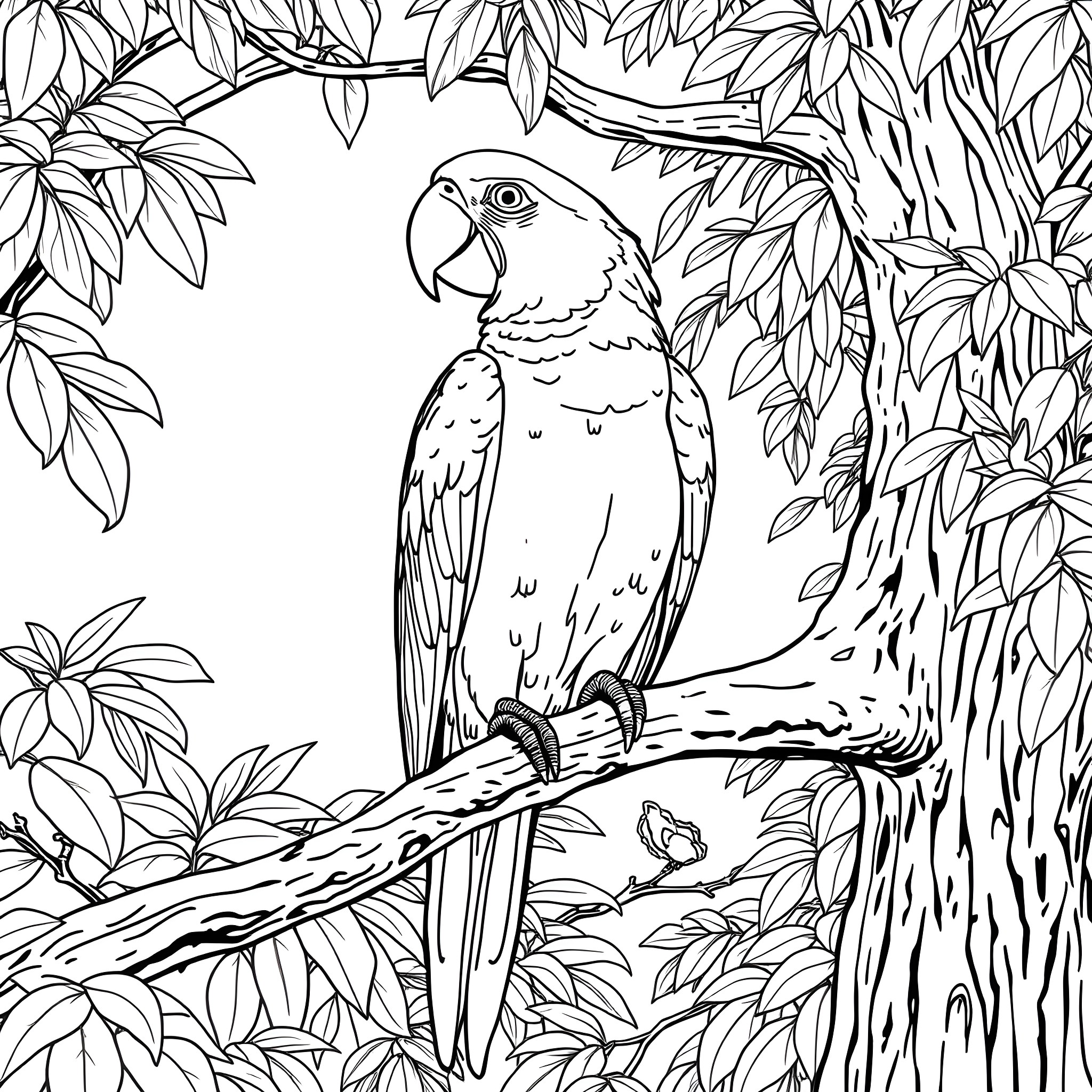 Parrot perched on a branch in a lush forest Coloring Page (free black-and-white line drawing printable PDF for all, from beginners to advanced learners, including children, teens, adults, and seniors)