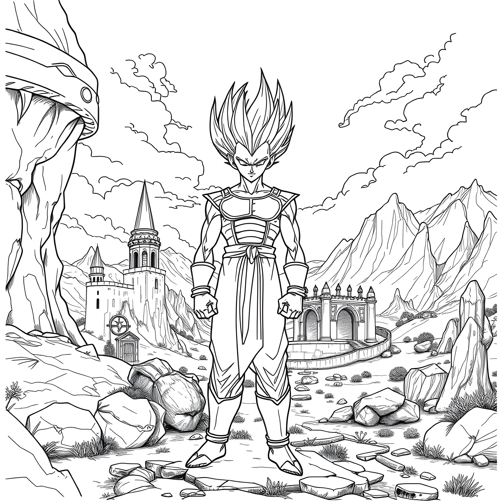 Vegeta, the Warrior Prince, Stands Tall in a Fantastical Landscape Coloring Page (free black-and-white line drawing printable PDF for all, from beginners to advanced learners, including children, teens, adults, and seniors)