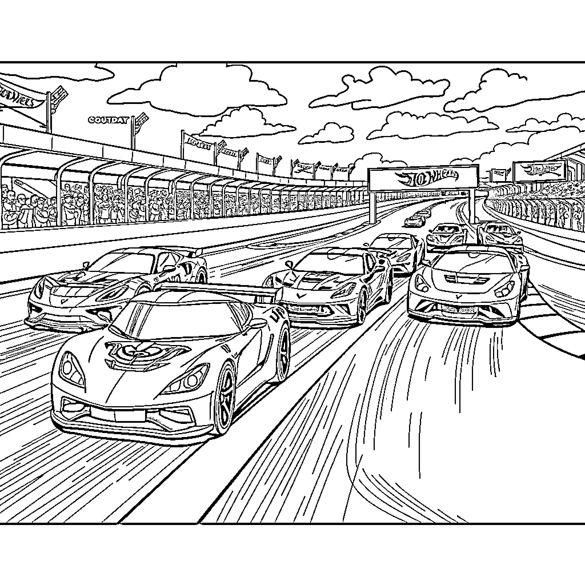 Hotwheels cars racing on the highway Coloring Page (free black-and-white line drawing printable PDF for all, from beginners to advanced learners, including children, teens, adults, and seniors)
