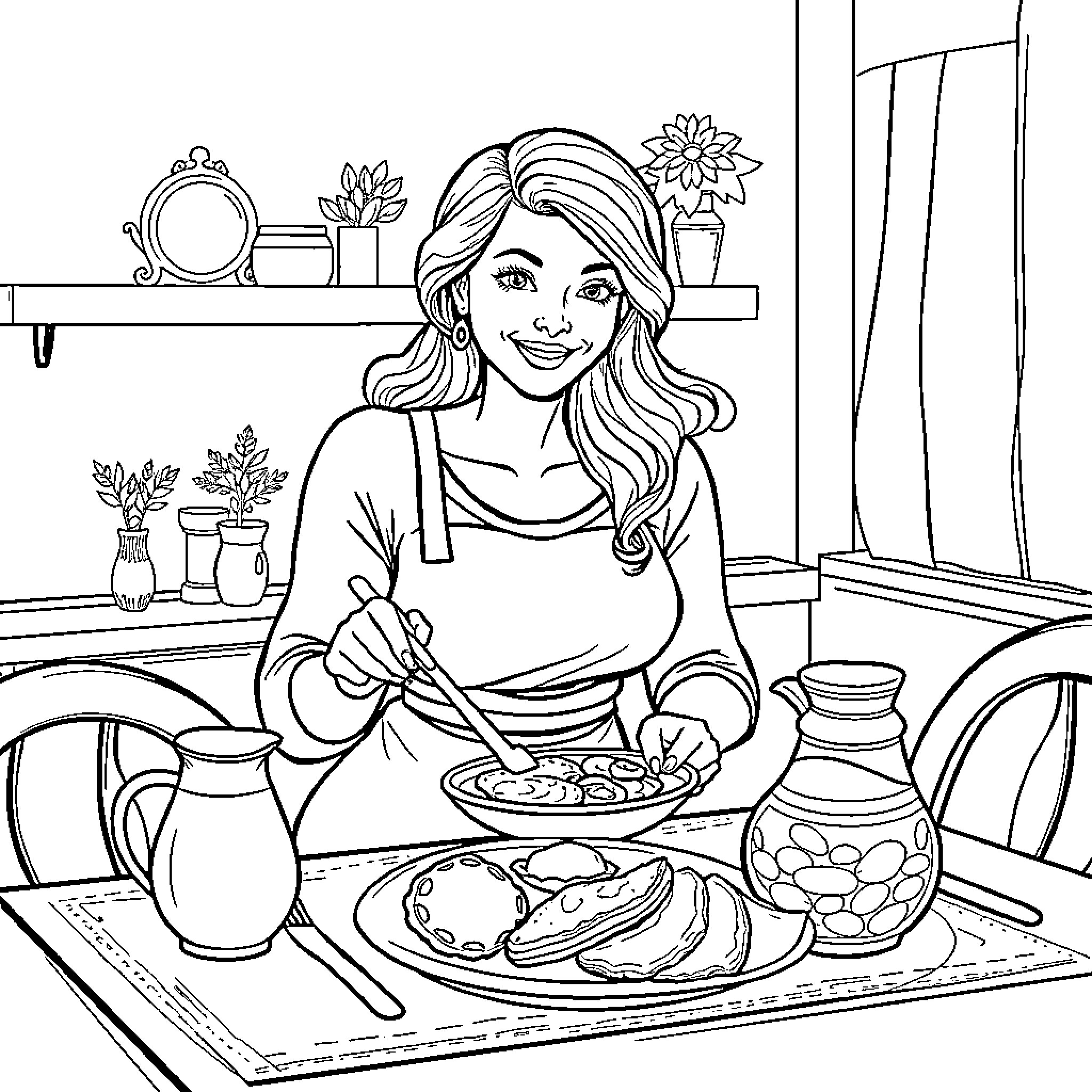 Mom Preparing a Delicious Meal in the Kitchen Coloring Page (free black-and-white line drawing printable PDF for all, from beginners to advanced learners, including children, teens, adults, and seniors)