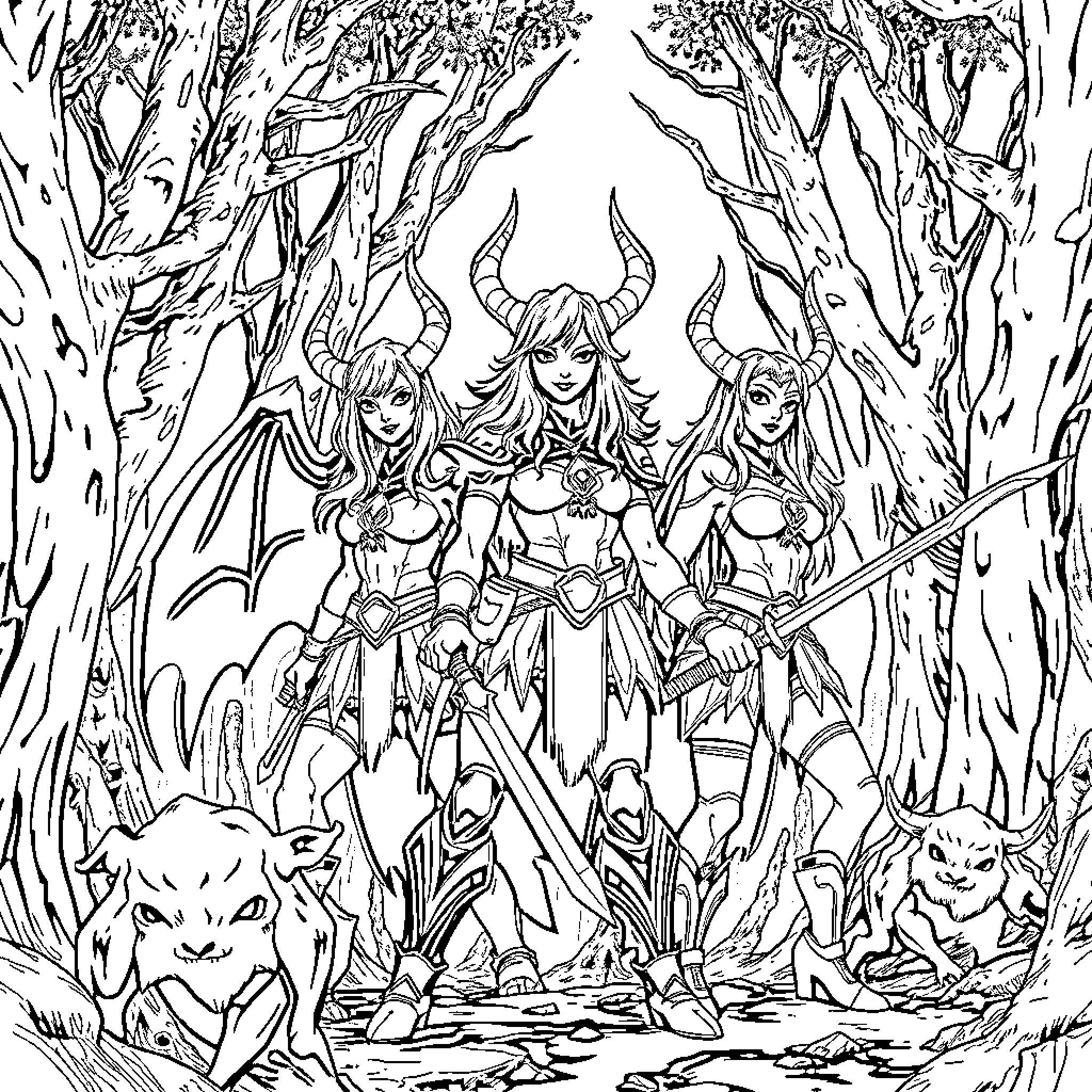 Demon Hunters Confronting Fearsome Creatures in the Ominous Forest Coloring Page (free black-and-white line drawing printable PDF for all, from beginners to advanced learners, including children, teens, adults, and seniors)