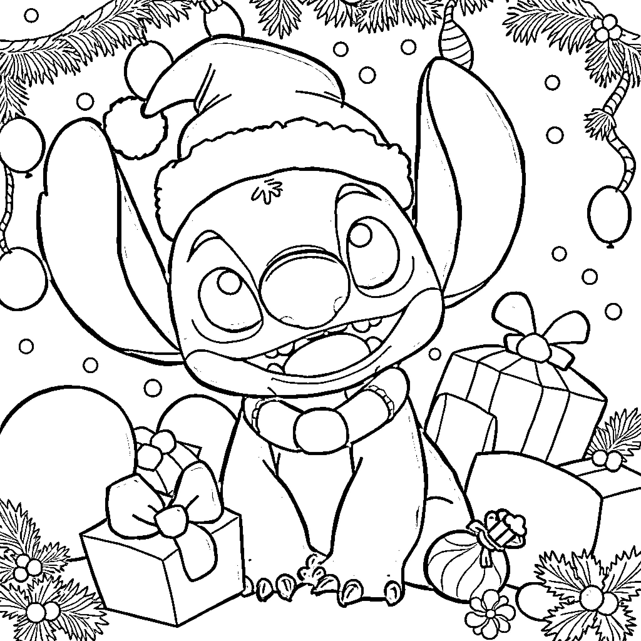 Stitch celebrates Christmas with gifts and decorations Coloring Page (free black-and-white line drawing printable PDF for all, from beginners to advanced learners, including children, teens, adults, and seniors)
