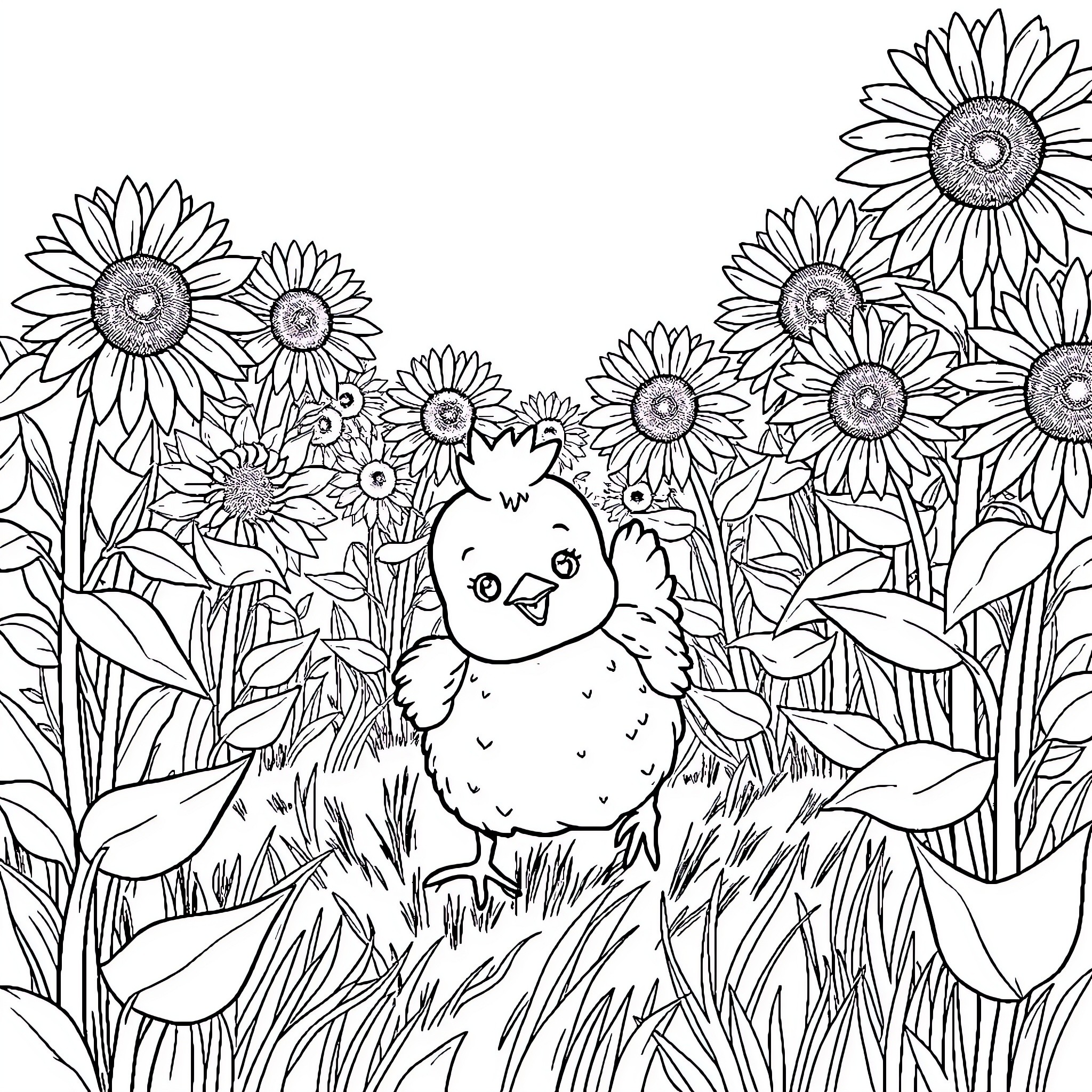 Chicken exploring cheerful sunflower garden Coloring Page (free black-and-white line drawing printable PDF for all, from beginners to advanced learners, including children, teens, adults, and seniors)