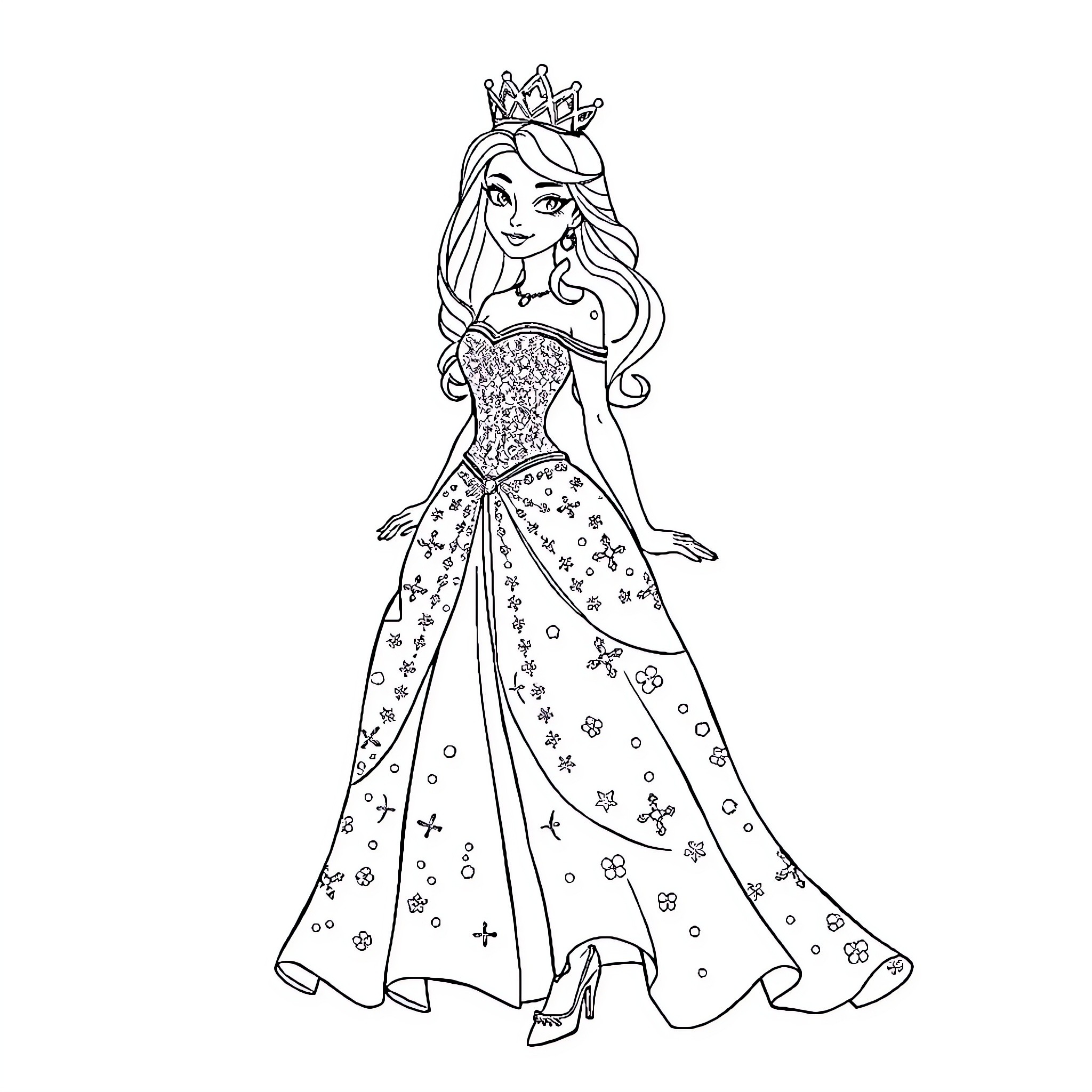 Princess posing gracefully in a sparkling dress Coloring Page (free black-and-white line drawing printable PDF for all, from beginners to advanced learners, including children, teens, adults, and seniors)