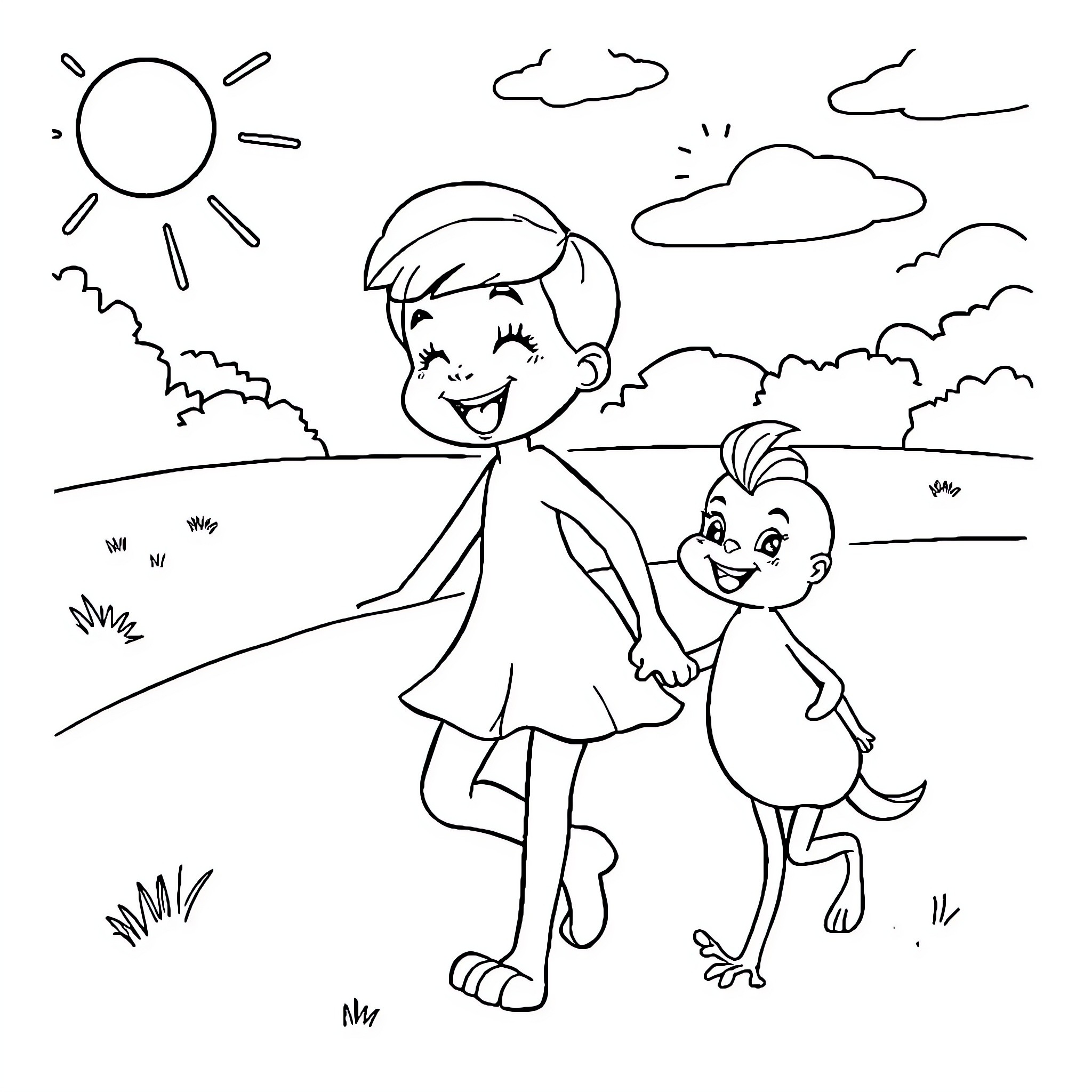 Stella and her Feathered Friend Explore the Outdoors Coloring Page (free black-and-white line drawing printable PDF for all, from beginners to advanced learners, including children, teens, adults, and seniors)