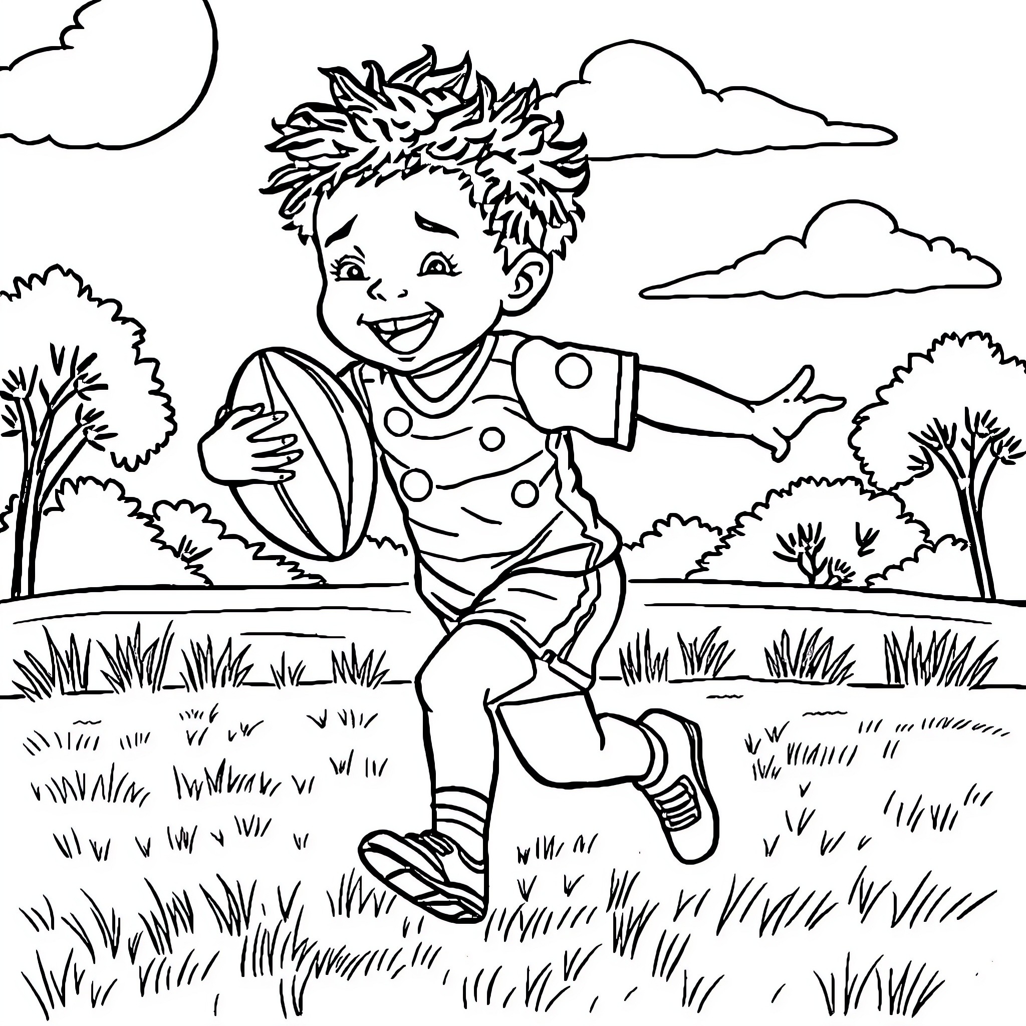 Child playing joyfully in nature Coloring Page (free black-and-white line drawing printable PDF for all, from beginners to advanced learners, including children, teens, adults, and seniors)