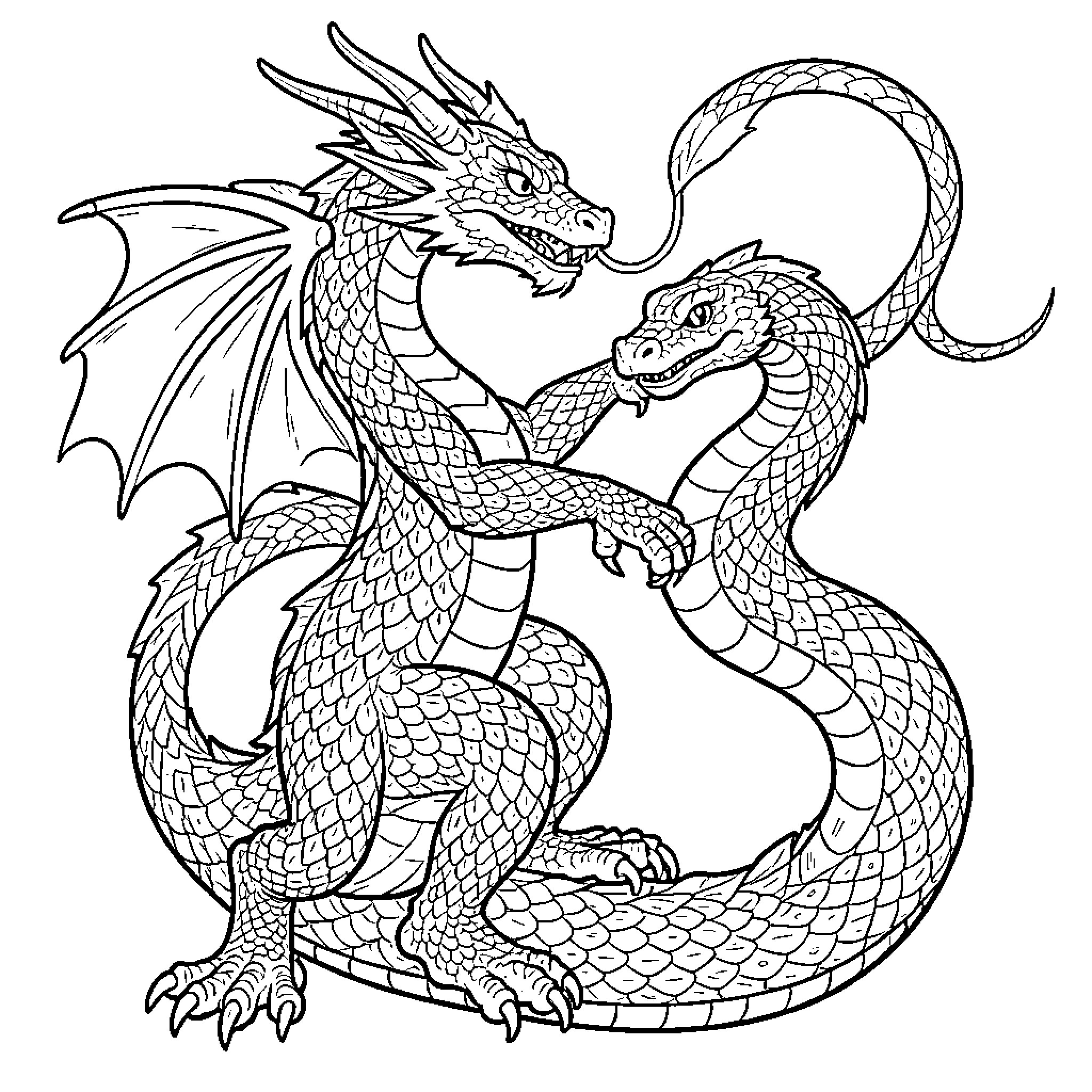 Dragon interacting with a long serpentine creature Coloring Page (free black-and-white line drawing printable PDF for all, from beginners to advanced learners, including children, teens, adults, and seniors)