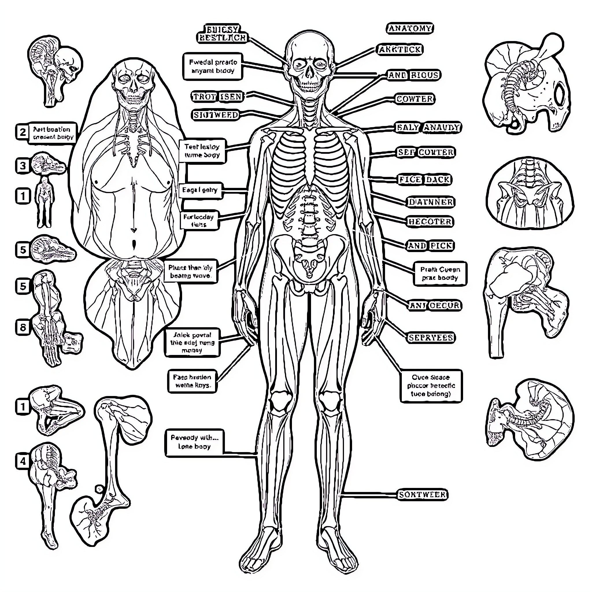 Human Body Anatomy Diagram with Labeled Parts Coloring Page (free black-and-white line drawing printable PDF for all, from beginners to advanced learners, including children, teens, adults, and seniors)