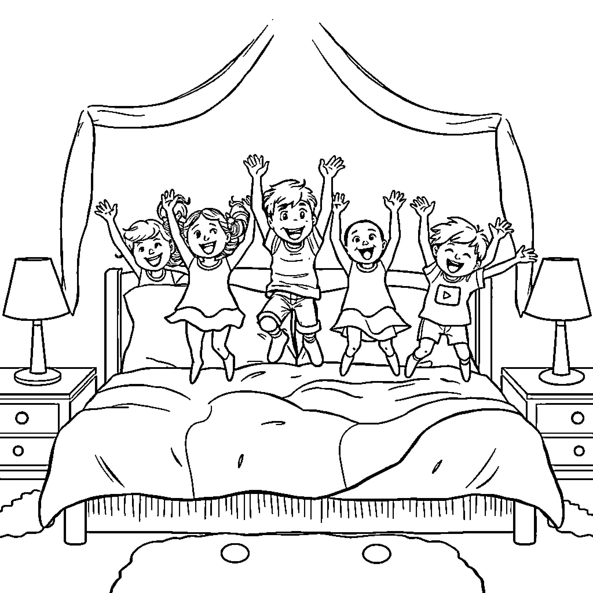 Kids having fun and jumping on bed Coloring Page (free black-and-white line drawing printable PDF for all, from beginners to advanced learners, including children, teens, adults, and seniors)