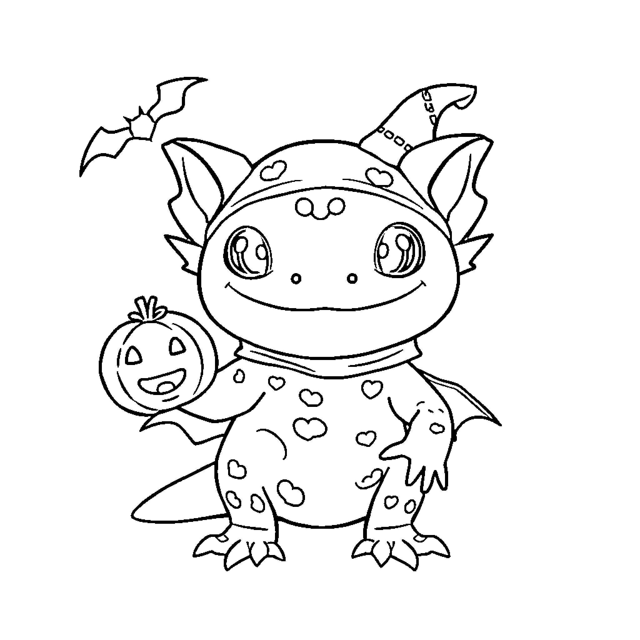 Axolotl creature holding a pumpkin Coloring Page (free black-and-white line drawing printable PDF for all, from beginners to advanced learners, including children, teens, adults, and seniors)