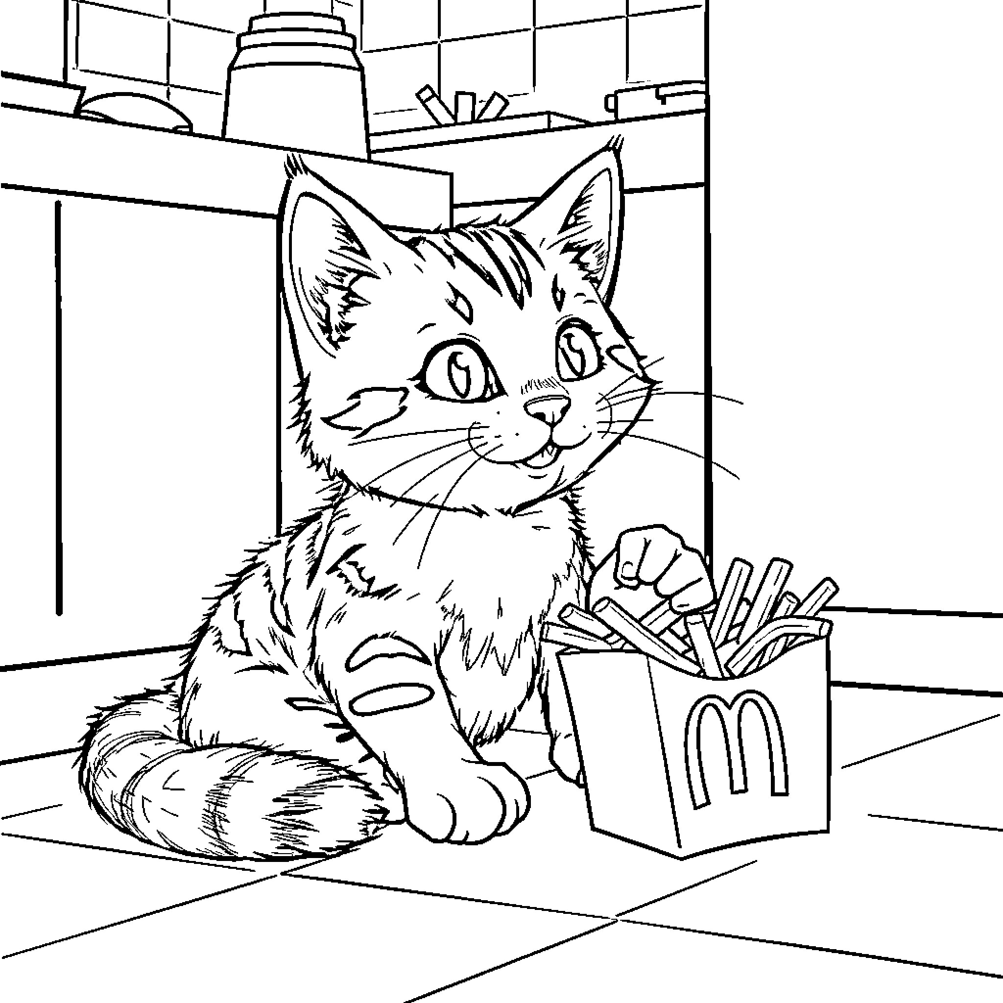 Cat enjoying snacks in the kitchen Coloring Page (free black-and-white line drawing printable PDF for all, from beginners to advanced learners, including children, teens, adults, and seniors)