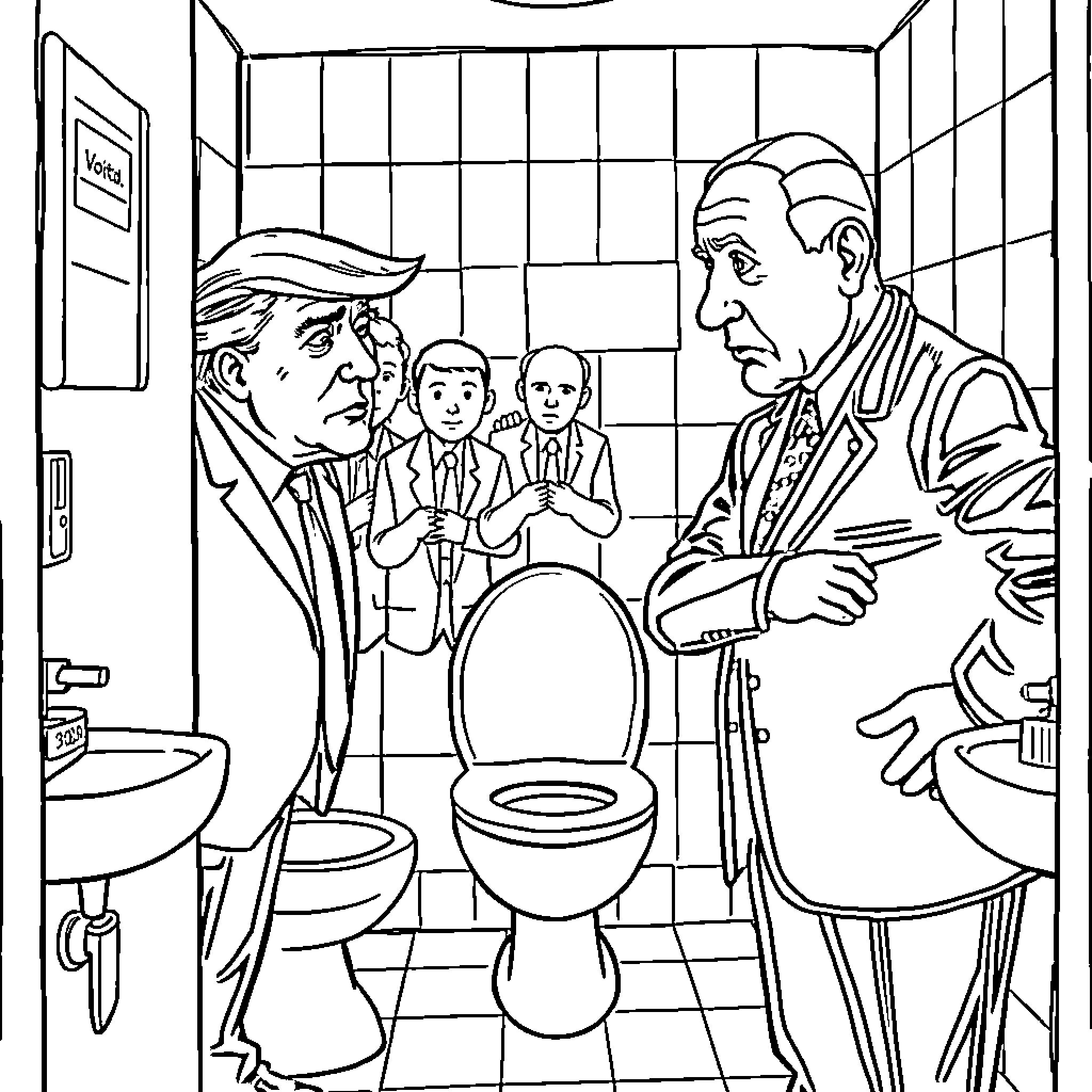 Trump Confronting Political Adversary in Bathroom Coloring Page (free black-and-white line drawing printable PDF for all, from beginners to advanced learners, including children, teens, adults, and seniors)