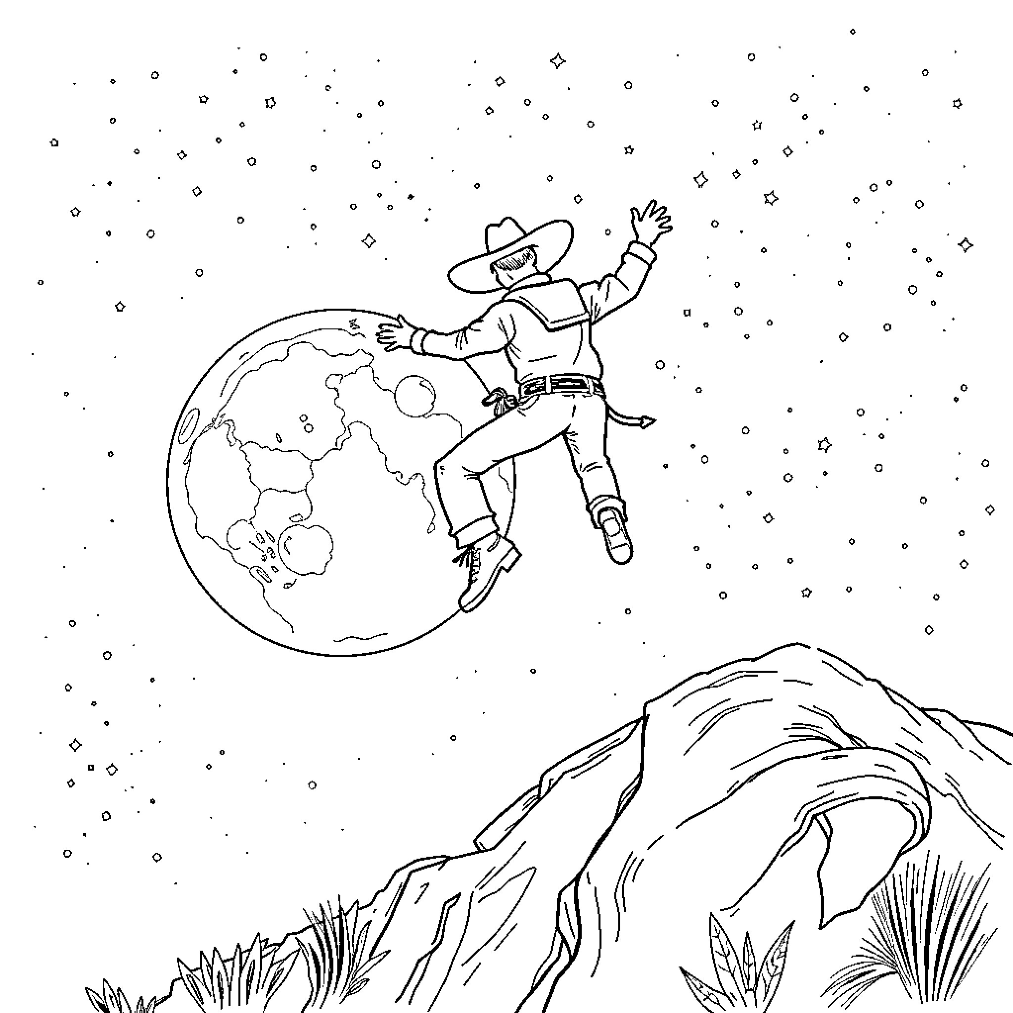 Cowboy Floating Over Starry Earth Landscape Coloring Page (free black-and-white line drawing printable PDF for all, from beginners to advanced learners, including children, teens, adults, and seniors)