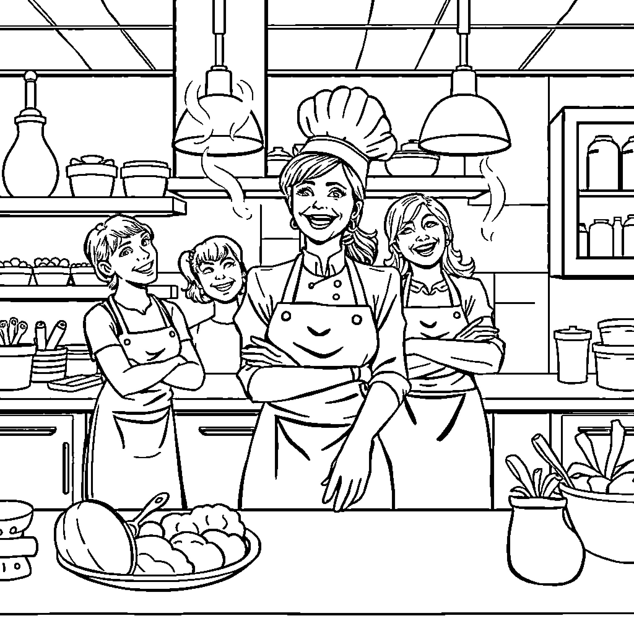 Chef and Family Cooking Together in Kitchen Coloring Page (free black-and-white line drawing printable PDF for all, from beginners to advanced learners, including children, teens, adults, and seniors)