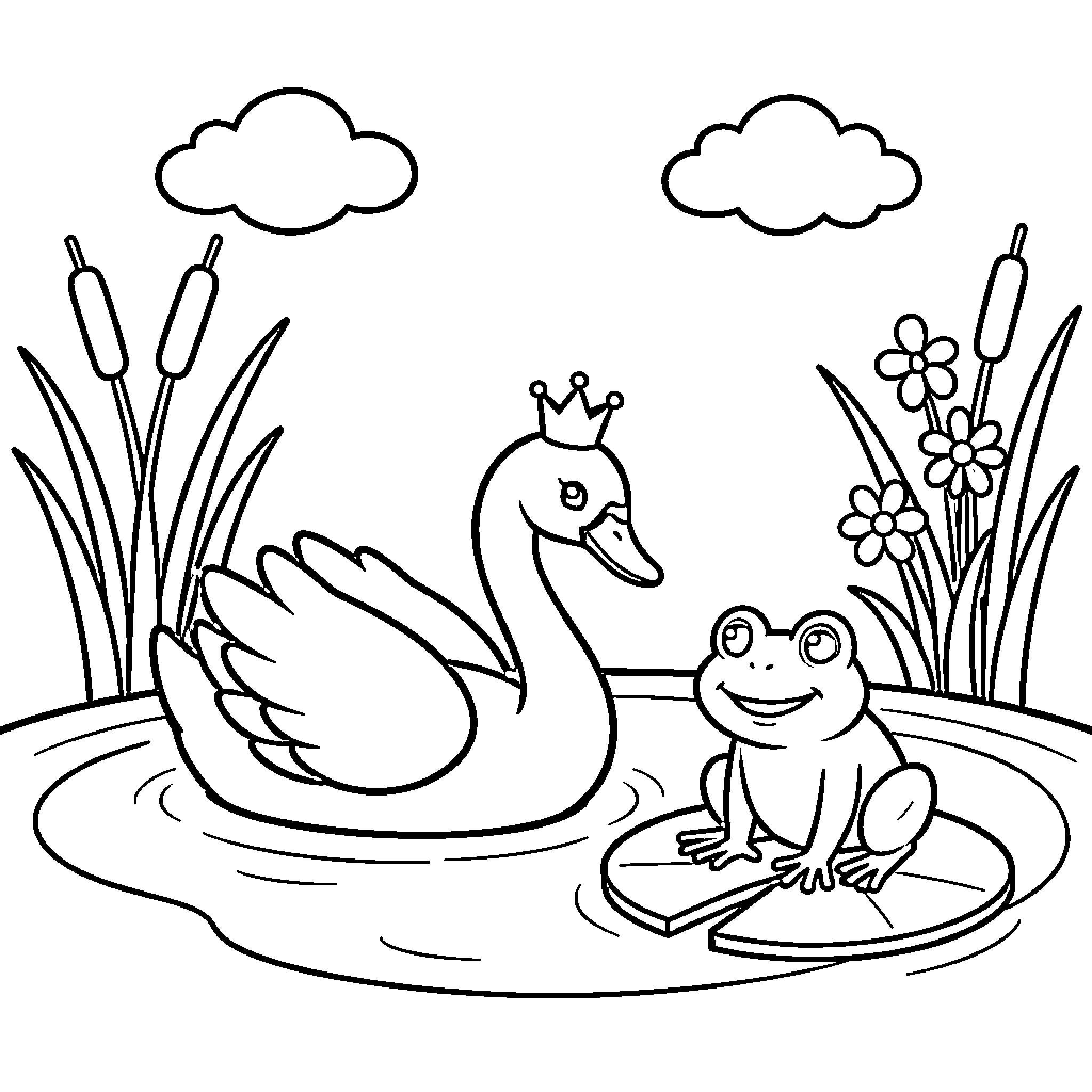 Swan and Frog in Pond with Flowers Coloring Page (free black-and-white line drawing printable PDF for all, from beginners to advanced learners, including children, teens, adults, and seniors)