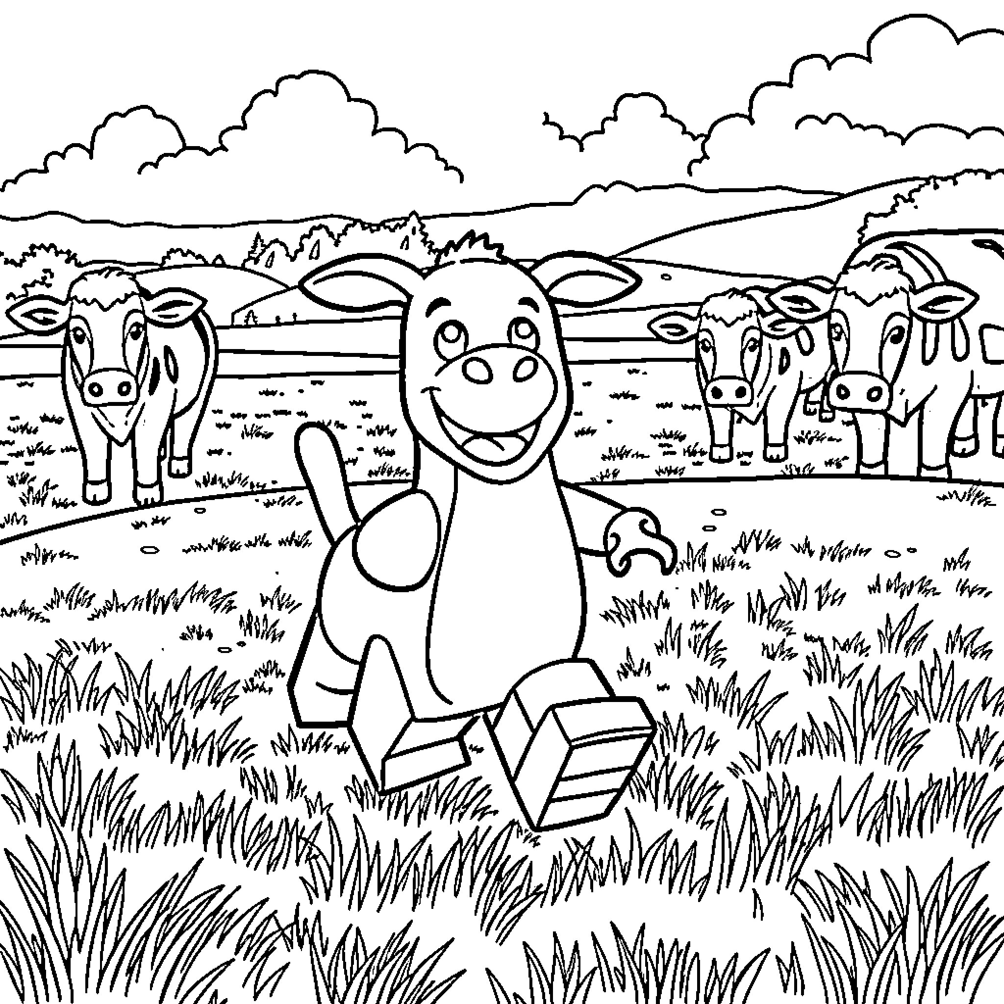 Sausage Dog playing joyfully with farm animals Coloring Page (free black-and-white line drawing printable PDF for all, from beginners to advanced learners, including children, teens, adults, and seniors)