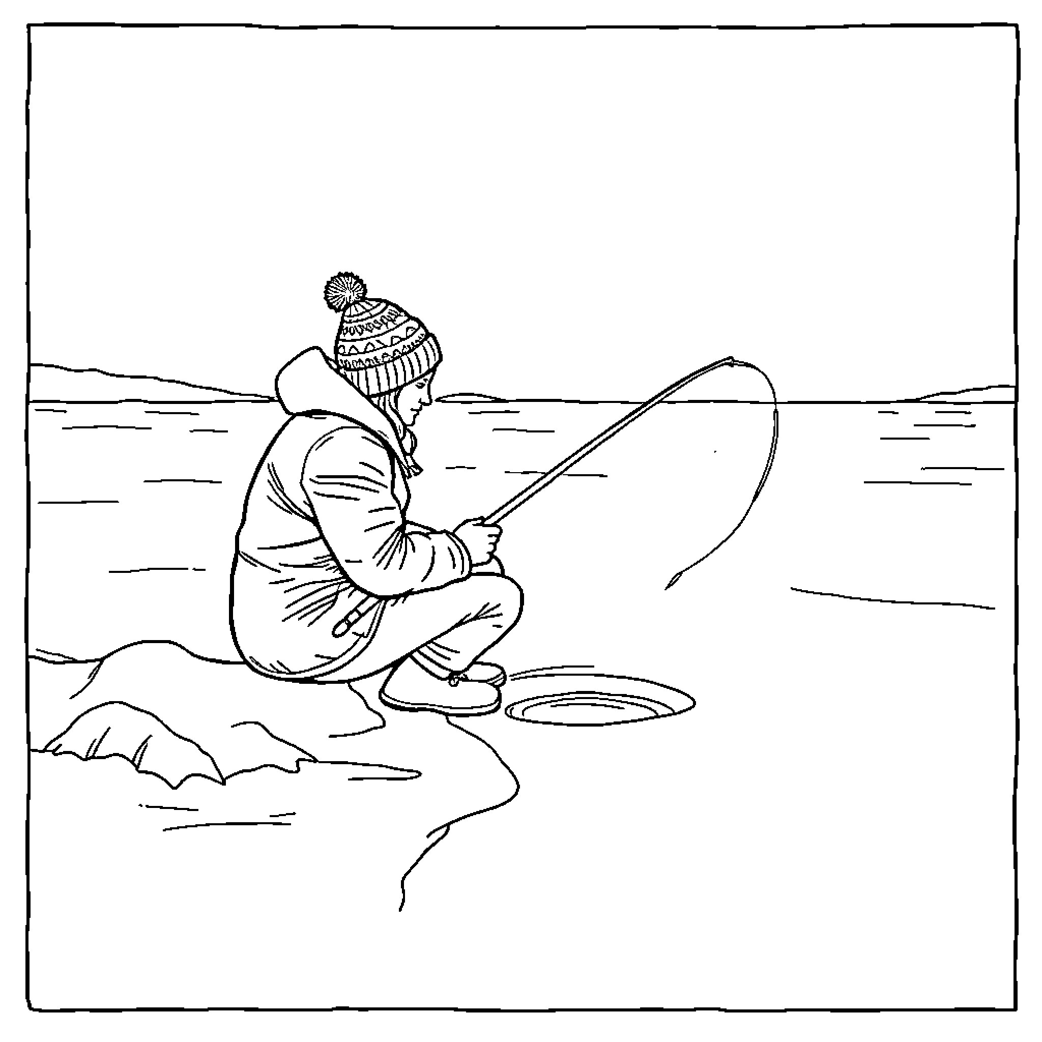 Ice Fishing on a Frozen Lake Coloring Page (free black-and-white line drawing printable PDF for all, from beginners to advanced learners, including children, teens, adults, and seniors)