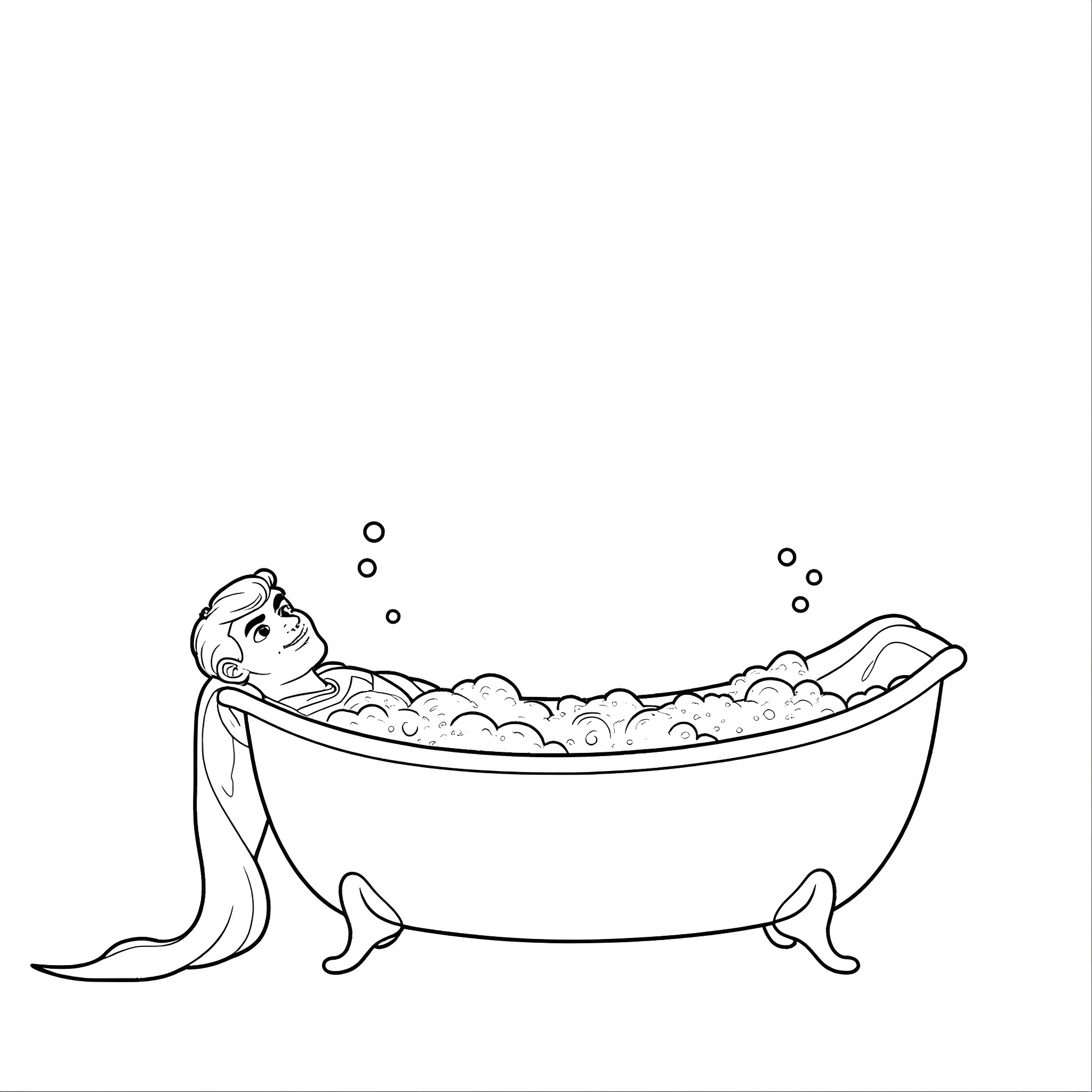 Superman relaxing in a bubble bath Coloring Page (free black-and-white line drawing printable PDF for all, from beginners to advanced learners, including children, teens, adults, and seniors)