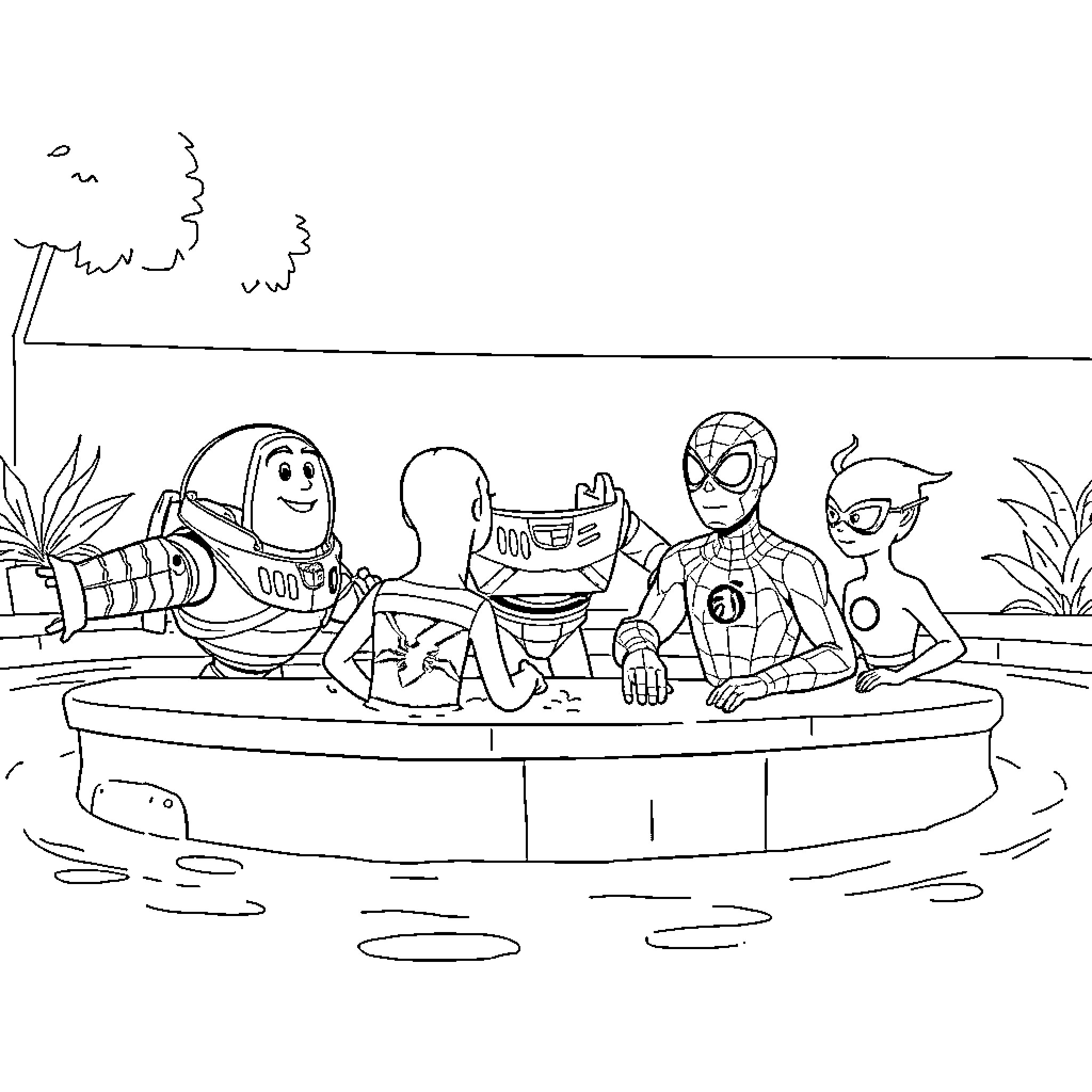 Buzz Lightyear and friends sitting around a small pool Coloring Page (free black-and-white line drawing printable PDF for all, from beginners to advanced learners, including children, teens, adults, and seniors)