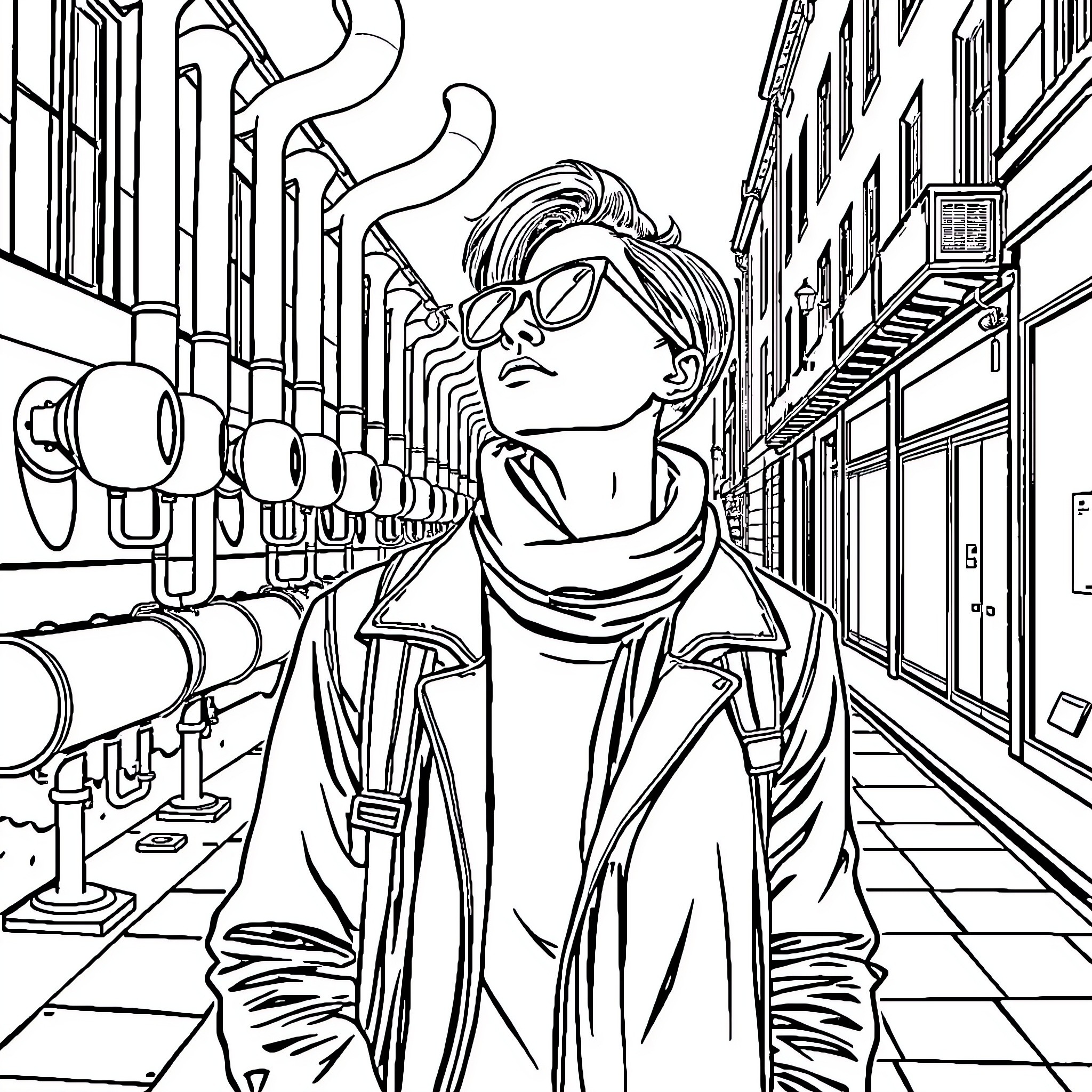Autistic Adult exploring the city streets Coloring Page (free black-and-white line drawing printable PDF for all, from beginners to advanced learners, including children, teens, adults, and seniors)