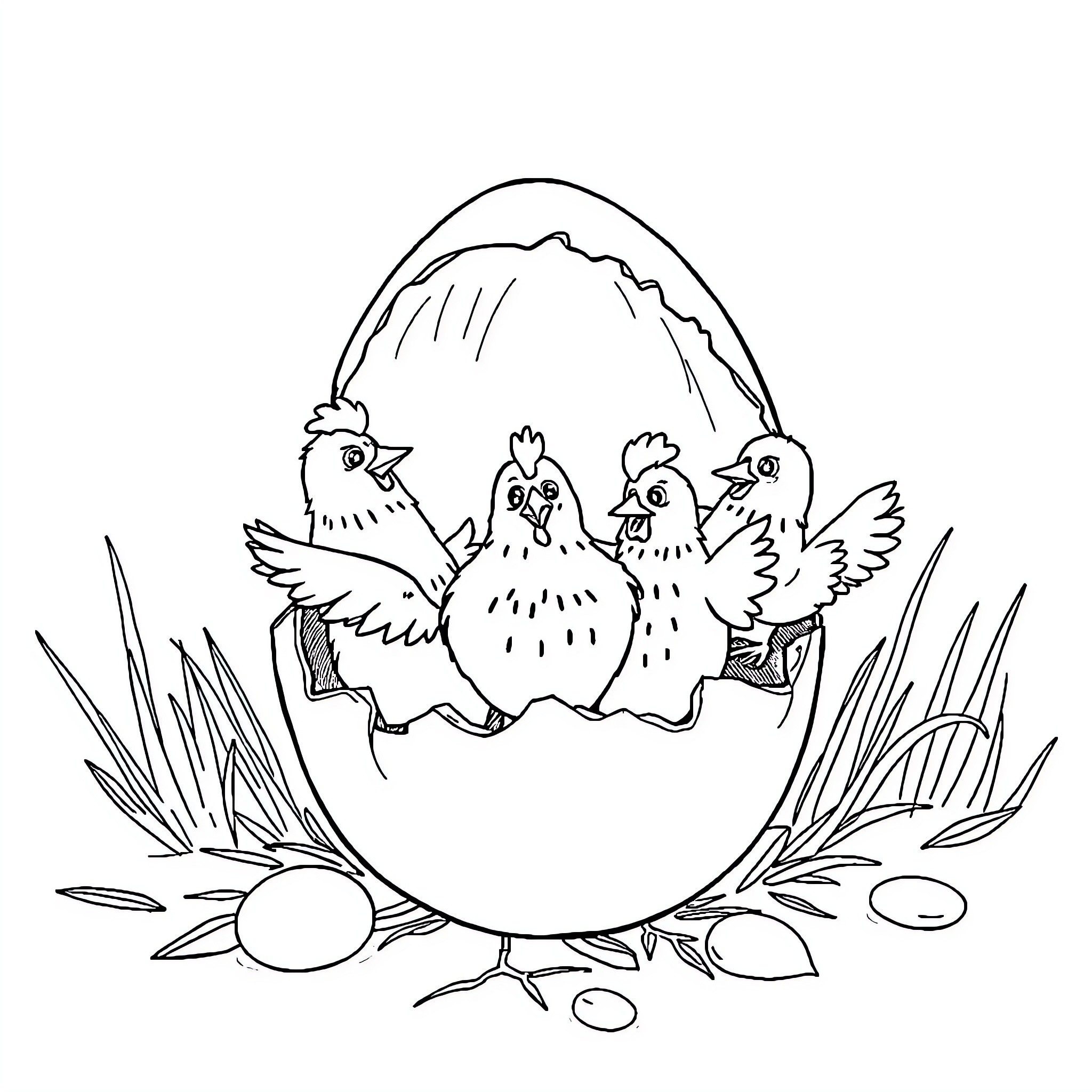 Chickens hatching from an egg Coloring Page (free black-and-white line drawing printable PDF for all, from beginners to advanced learners, including children, teens, adults, and seniors)