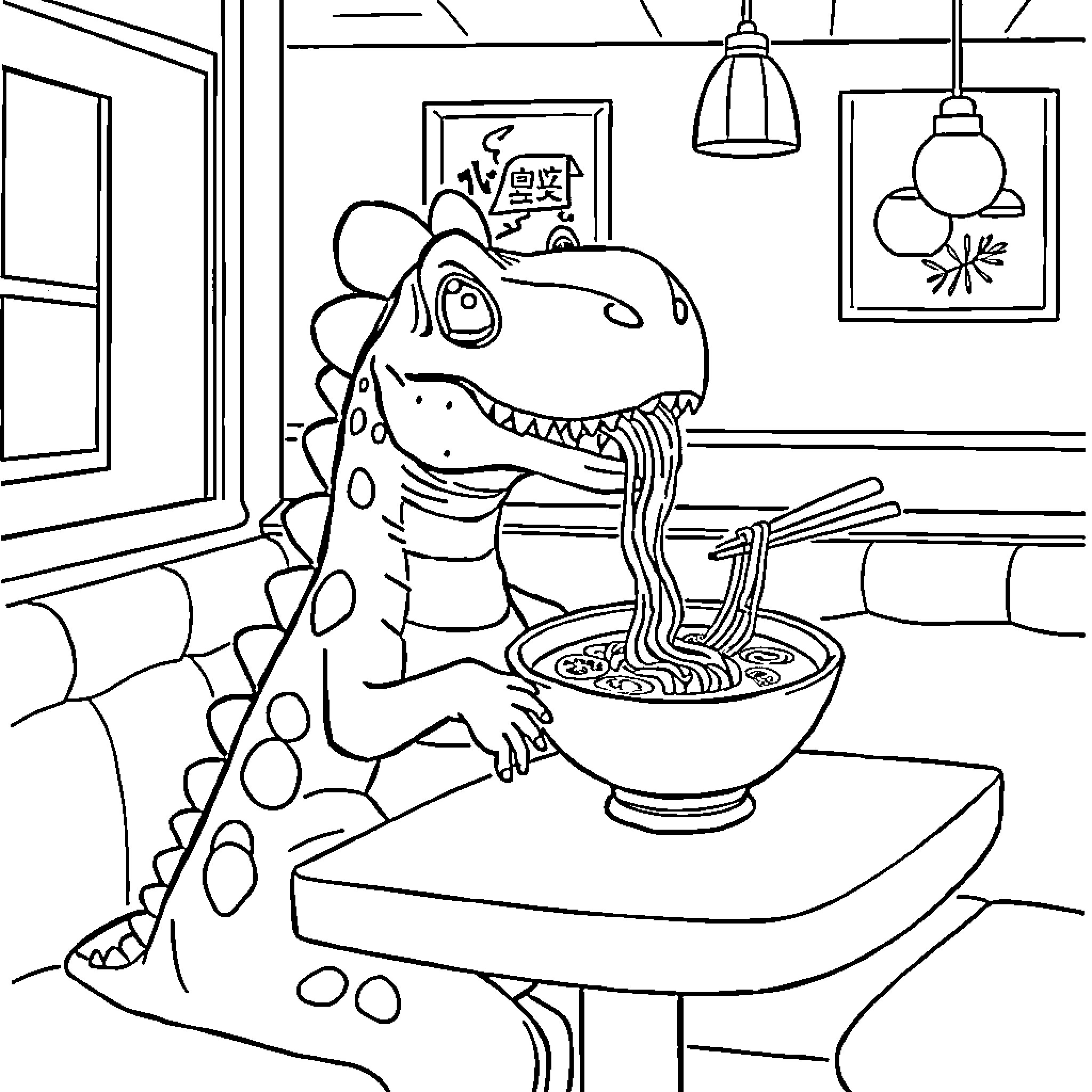 Dinosaur Enjoying a Hearty Meal in a Cozy Home Coloring Page (free black-and-white line drawing printable PDF for all, from beginners to advanced learners, including children, teens, adults, and seniors)