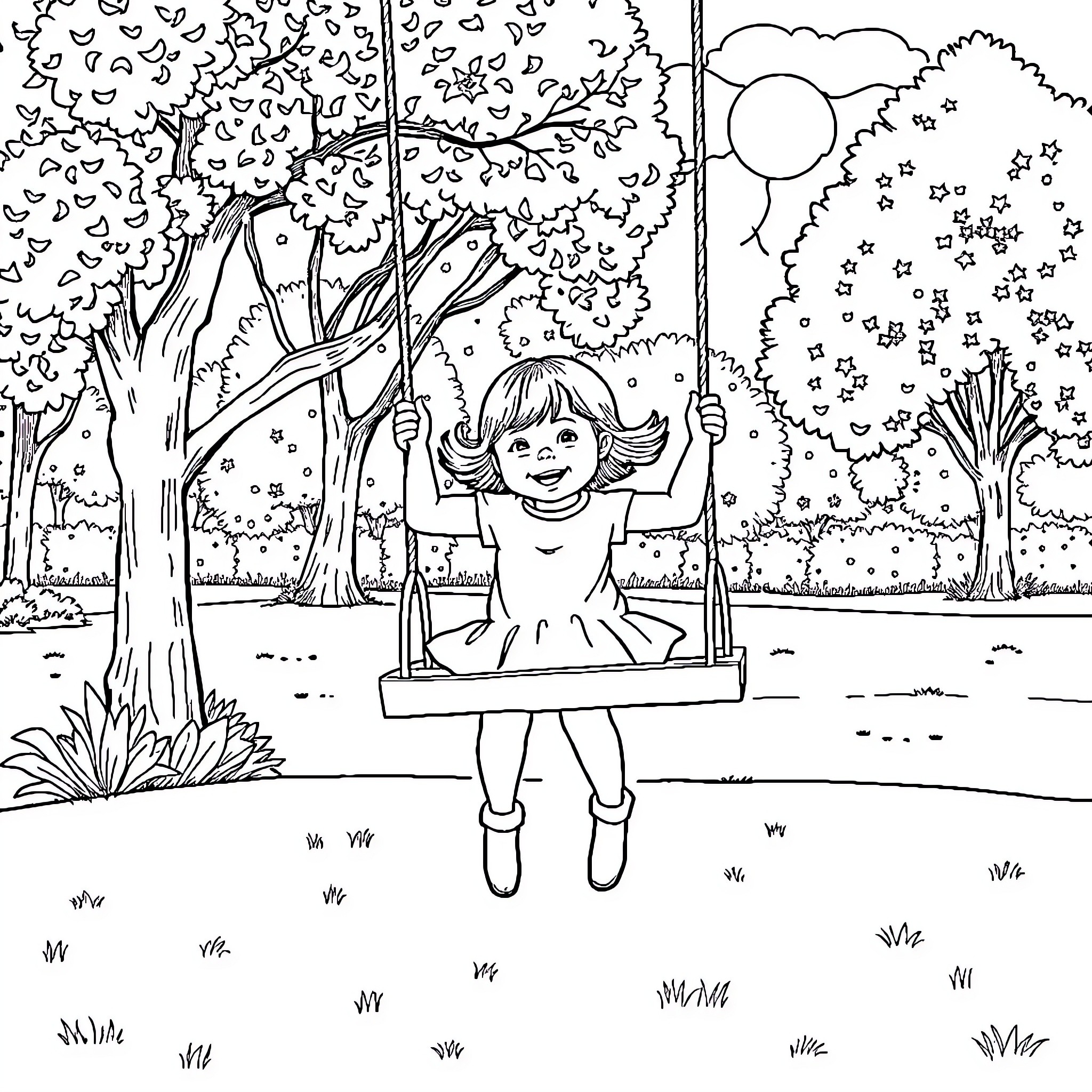 Girl enjoying swing in idyllic park scene Coloring Page (free black-and-white line drawing printable PDF for all, from beginners to advanced learners, including children, teens, adults, and seniors)